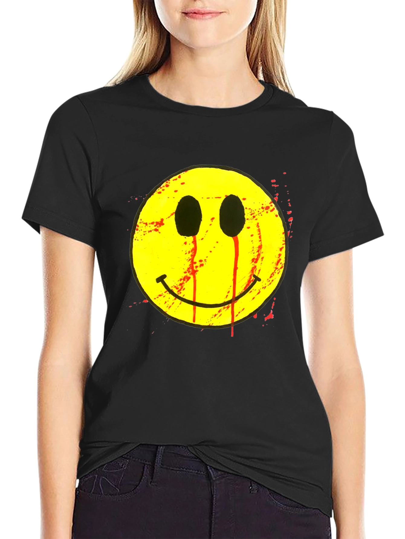 Bleeding Smiley Face Graphic T-Shirt - Black