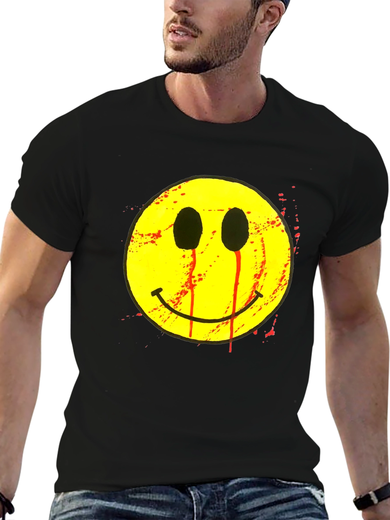 Bleeding Smiley Face Graphic T-Shirt - Black