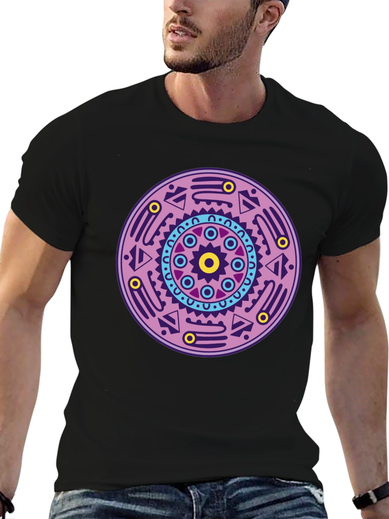 Geometric Mandala Graphic Tee - Black Cotton T-Shirt