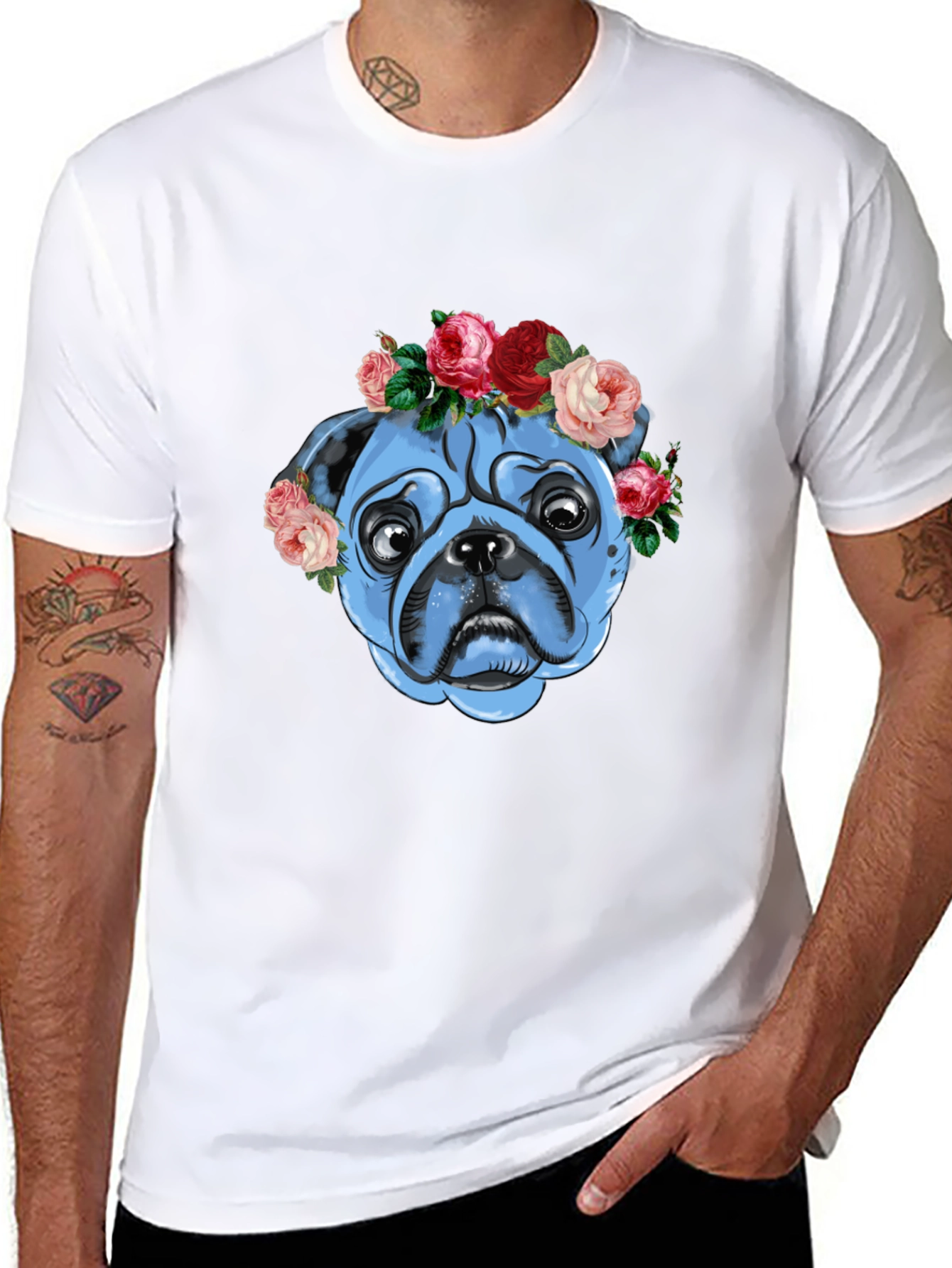 Floral Pug Graphic T-Shirt - Unisex Black Tee