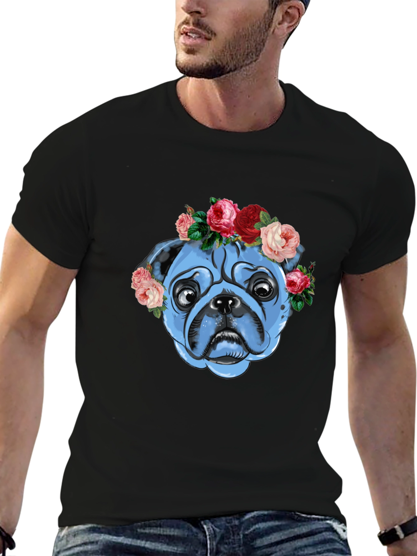 Floral Pug Graphic T-Shirt - Unisex Black Tee