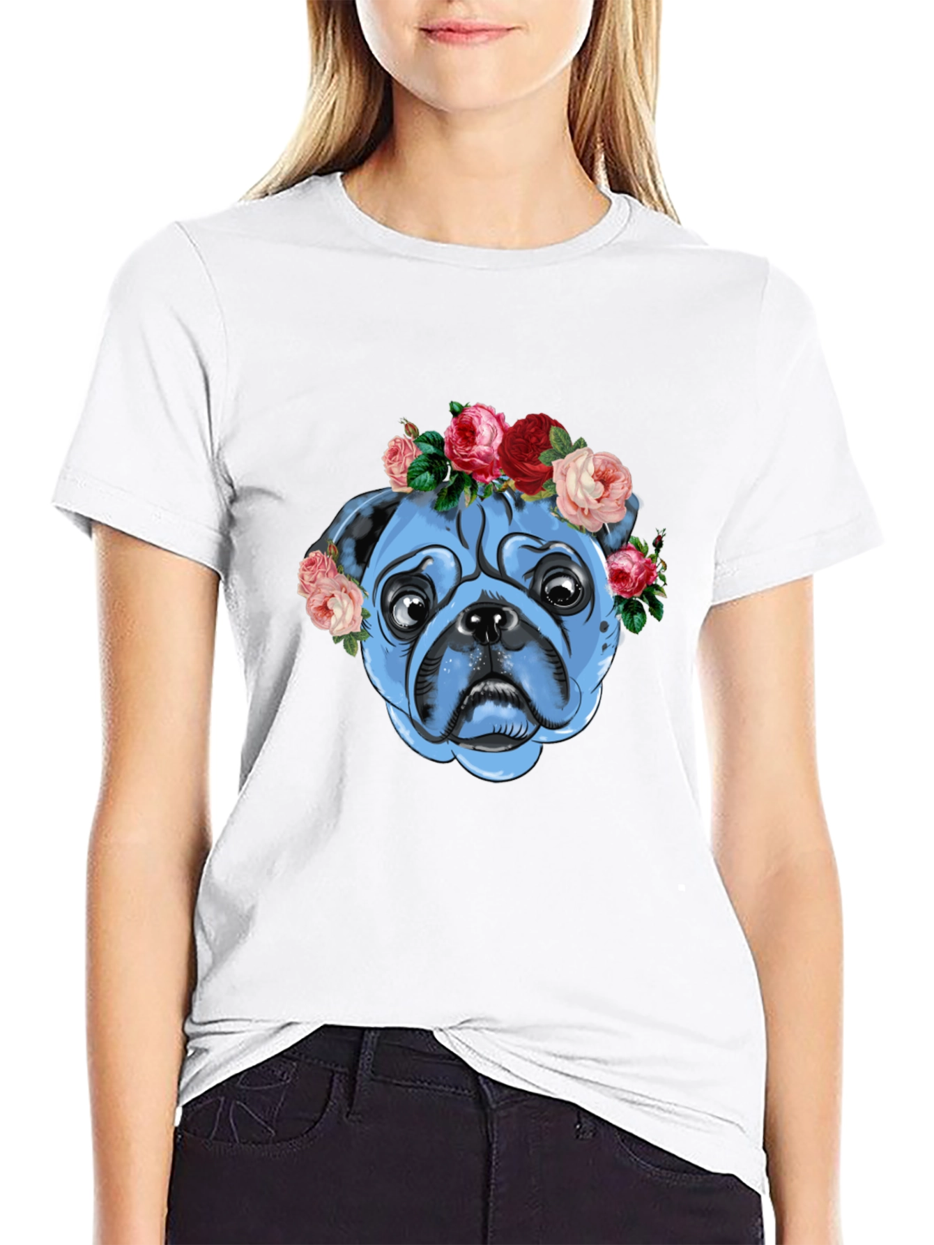 Floral Pug Graphic T-Shirt - Unisex Black Tee