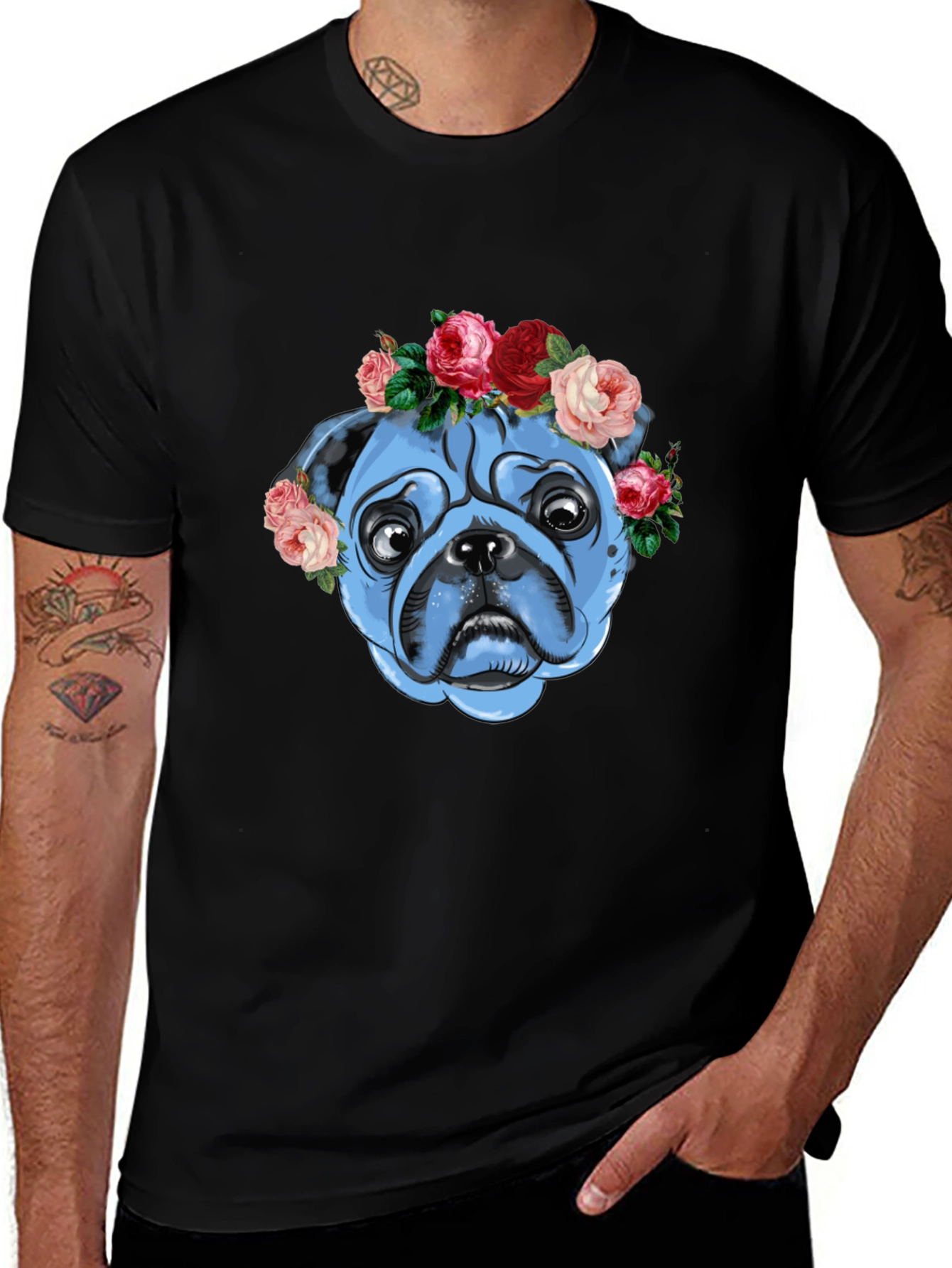 Floral Pug Graphic T-Shirt - Unisex Black Tee