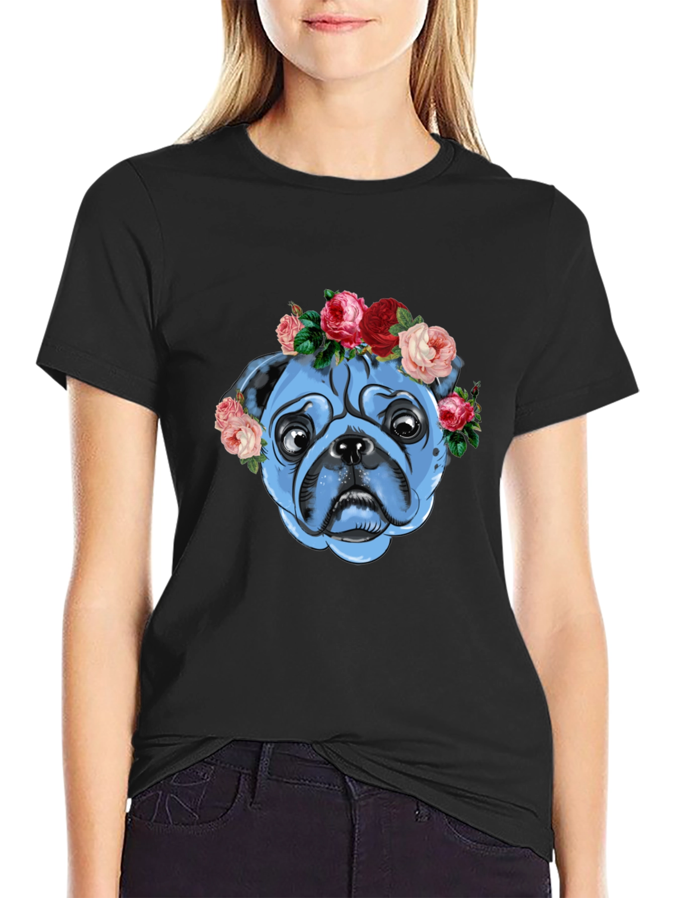 Floral Pug Graphic T-Shirt - Unisex Black Tee