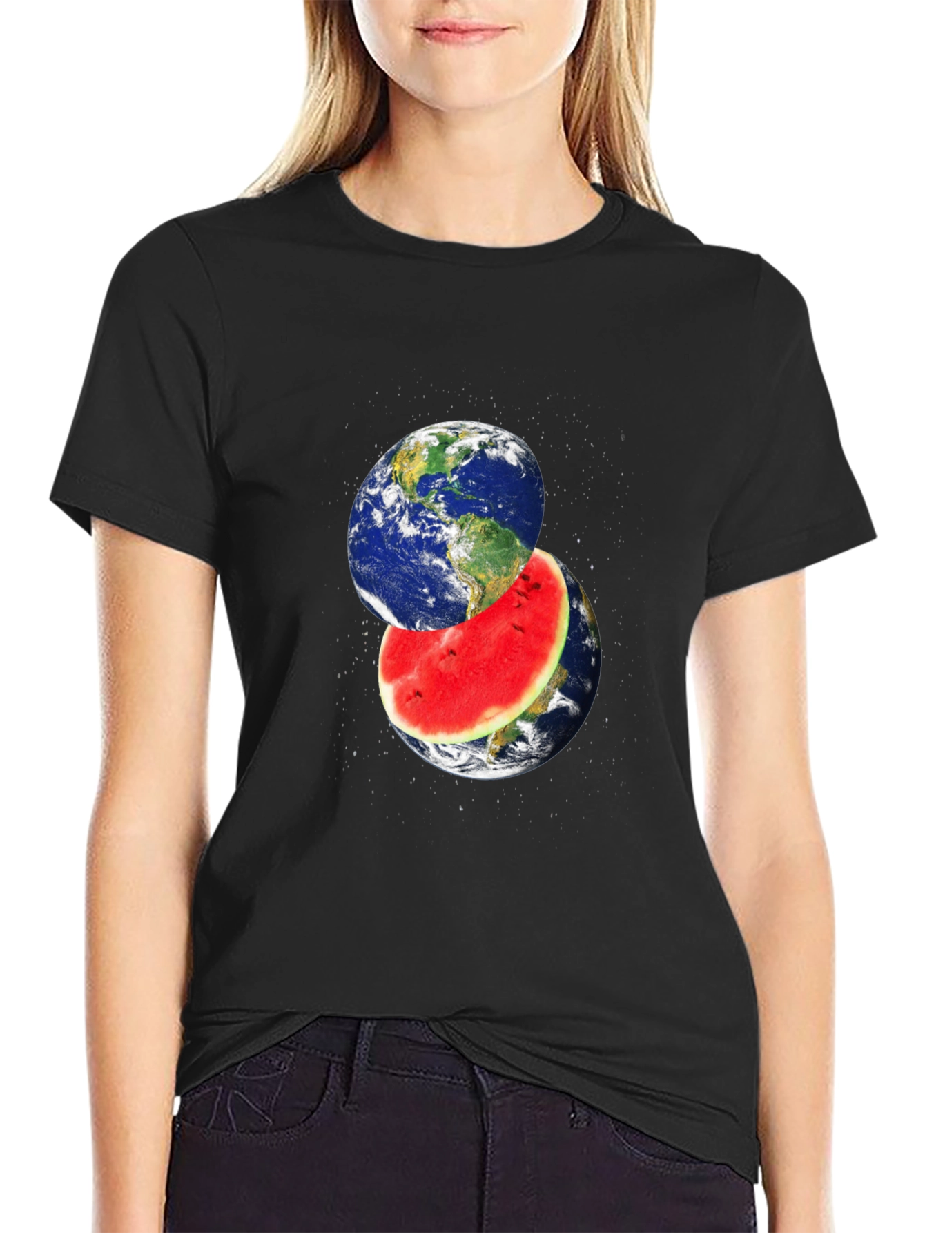 Earth Watermelon Graphic Black T-Shirt