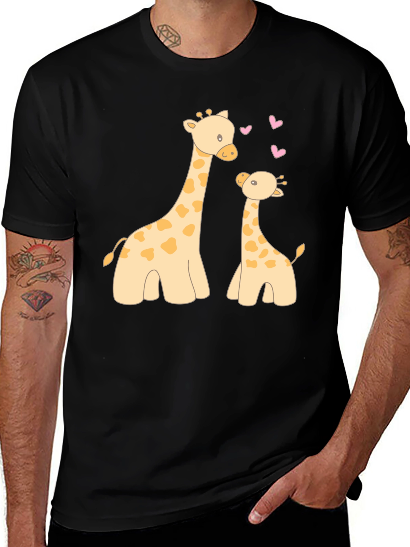 Cute Giraffe Mom and Baby Black T-Shirt