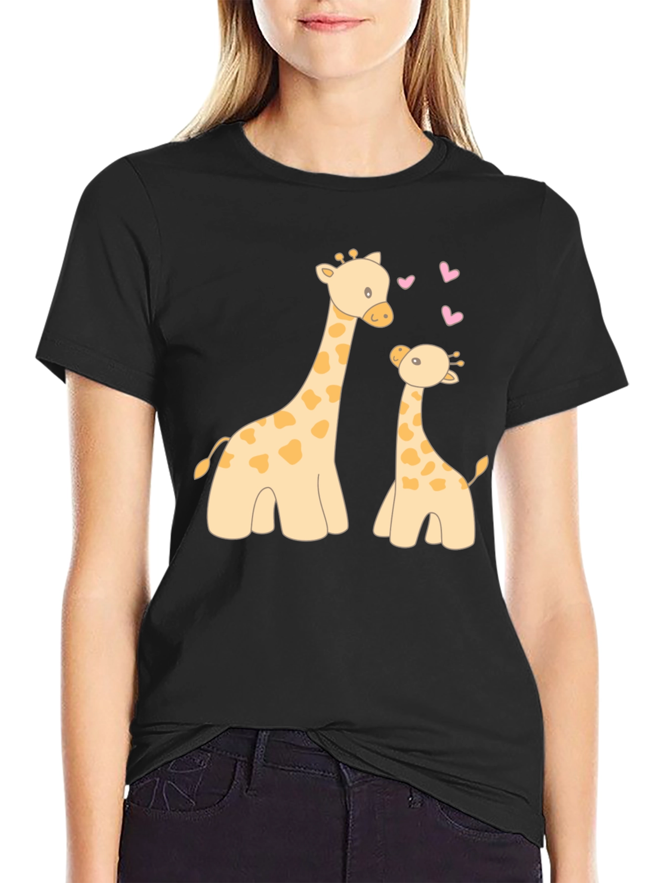 Cute Giraffe Mom and Baby Black T-Shirt