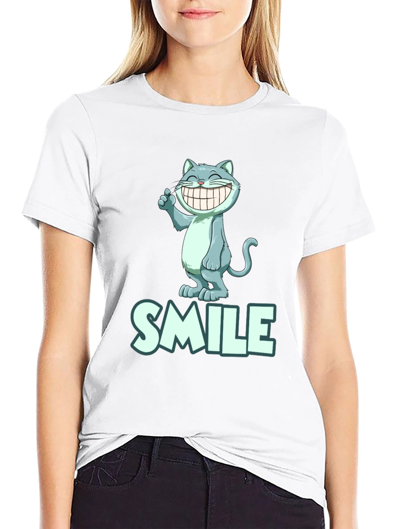 Smile Cat Tee - Black Cotton Blend T-Shirt