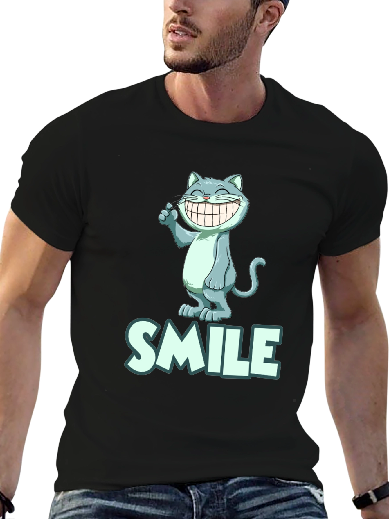 Smile Cat Tee - Black Cotton Blend T-Shirt