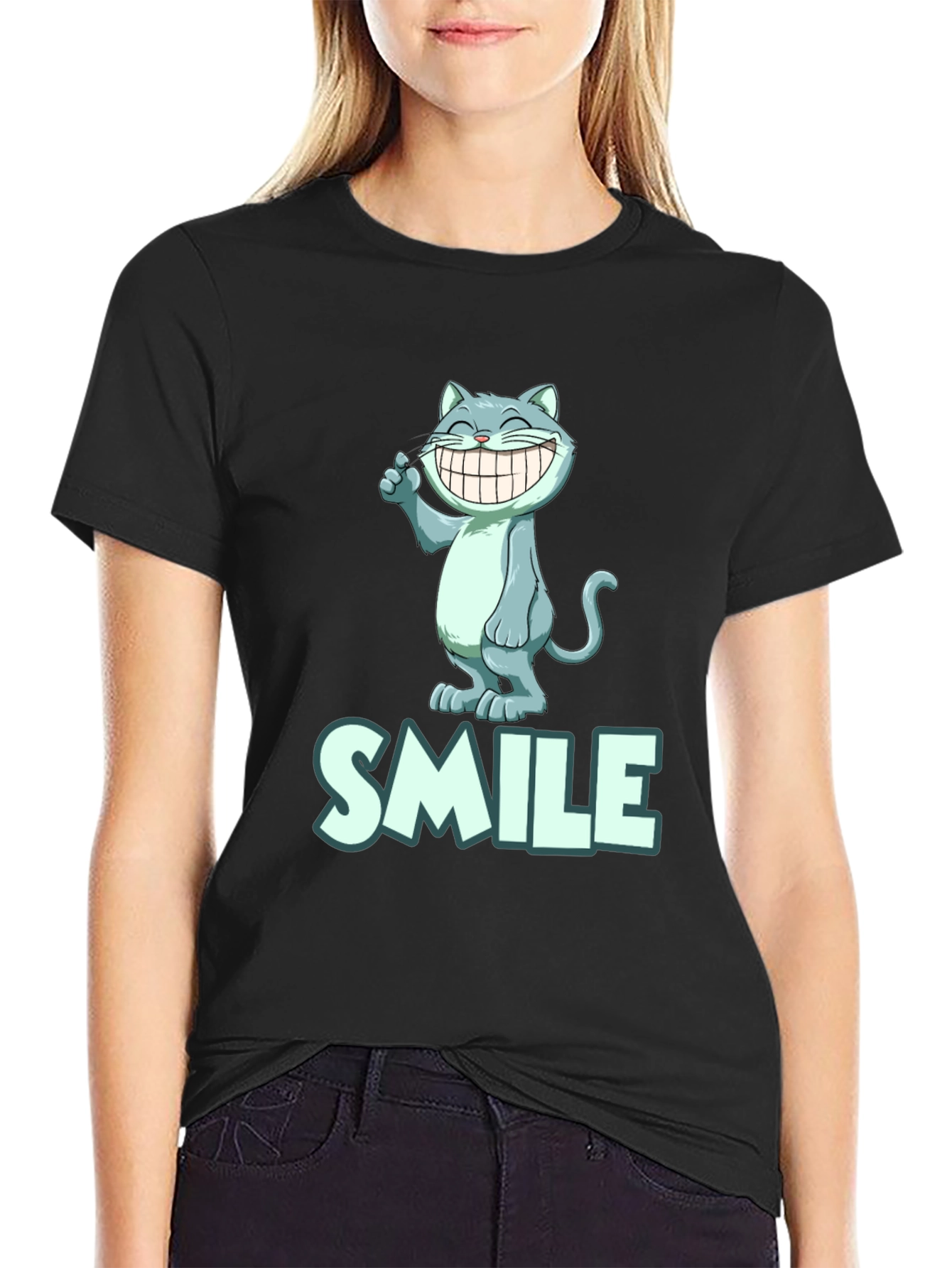 Smile Cat Tee - Black Cotton Blend T-Shirt