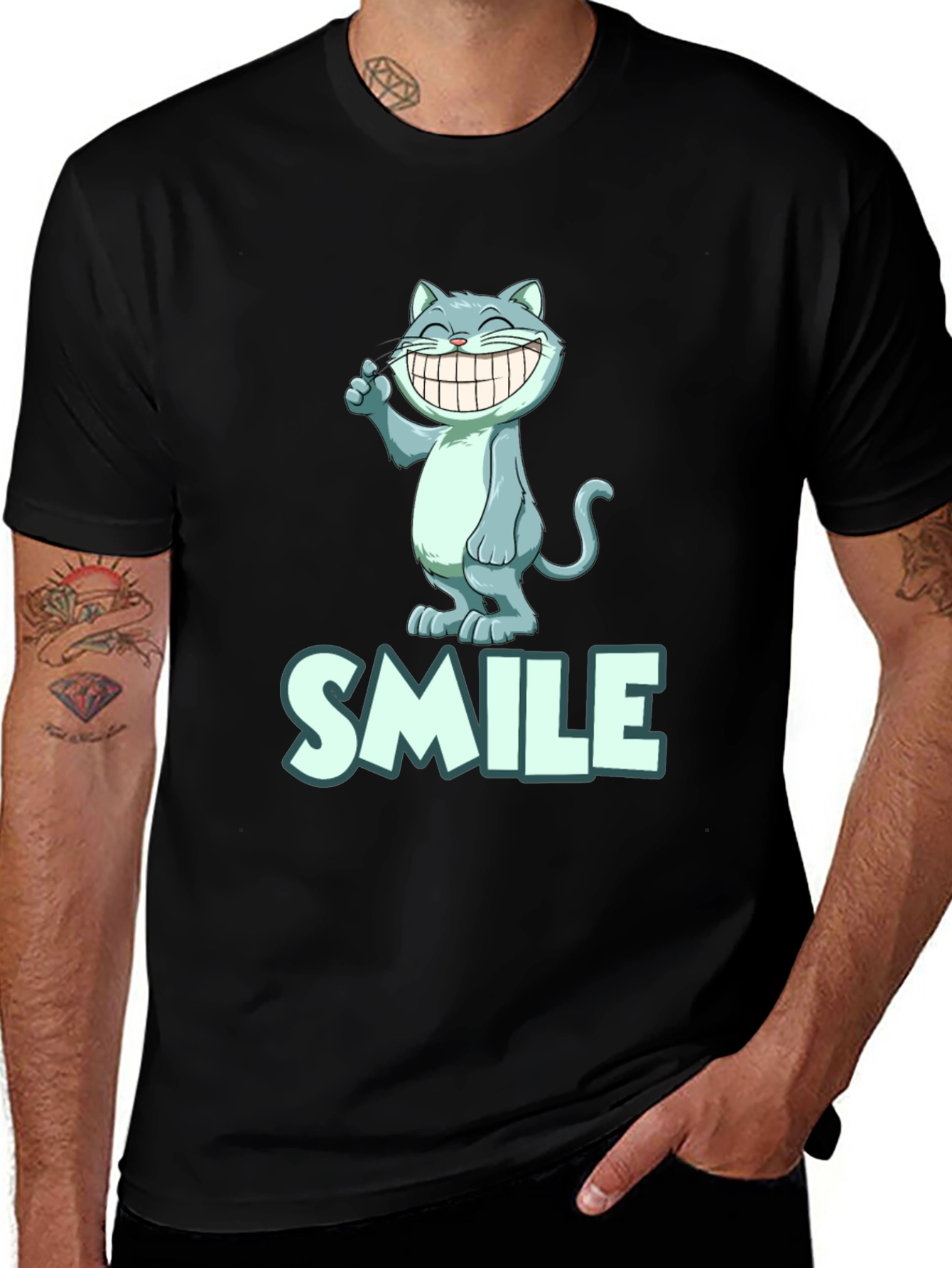 Smile Cat Tee - Black Cotton Blend T-Shirt
