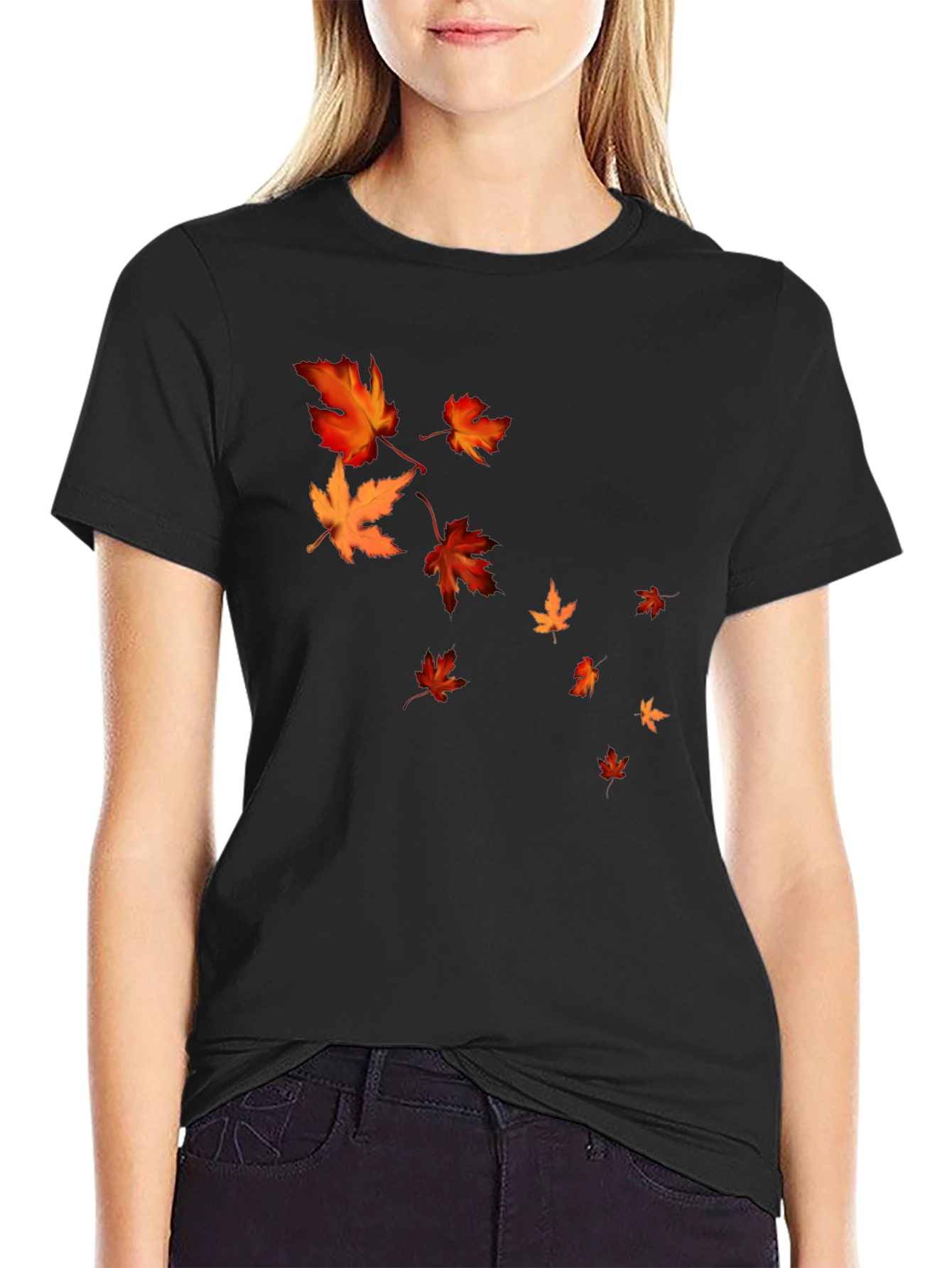 Fall Leaves Graphic Black T-Shirt