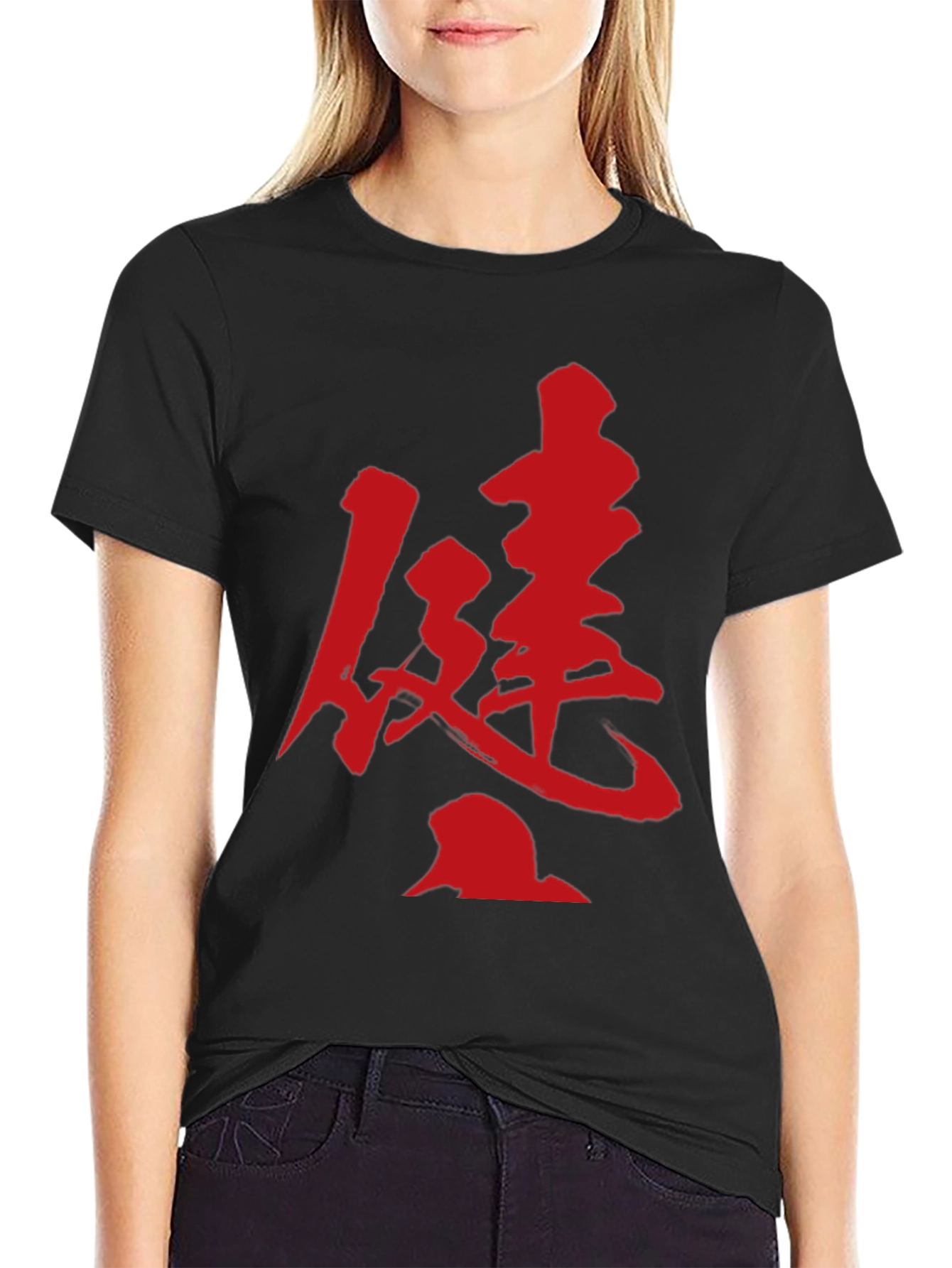 Kanji Print T-Shirt - Bold Red Design on Black