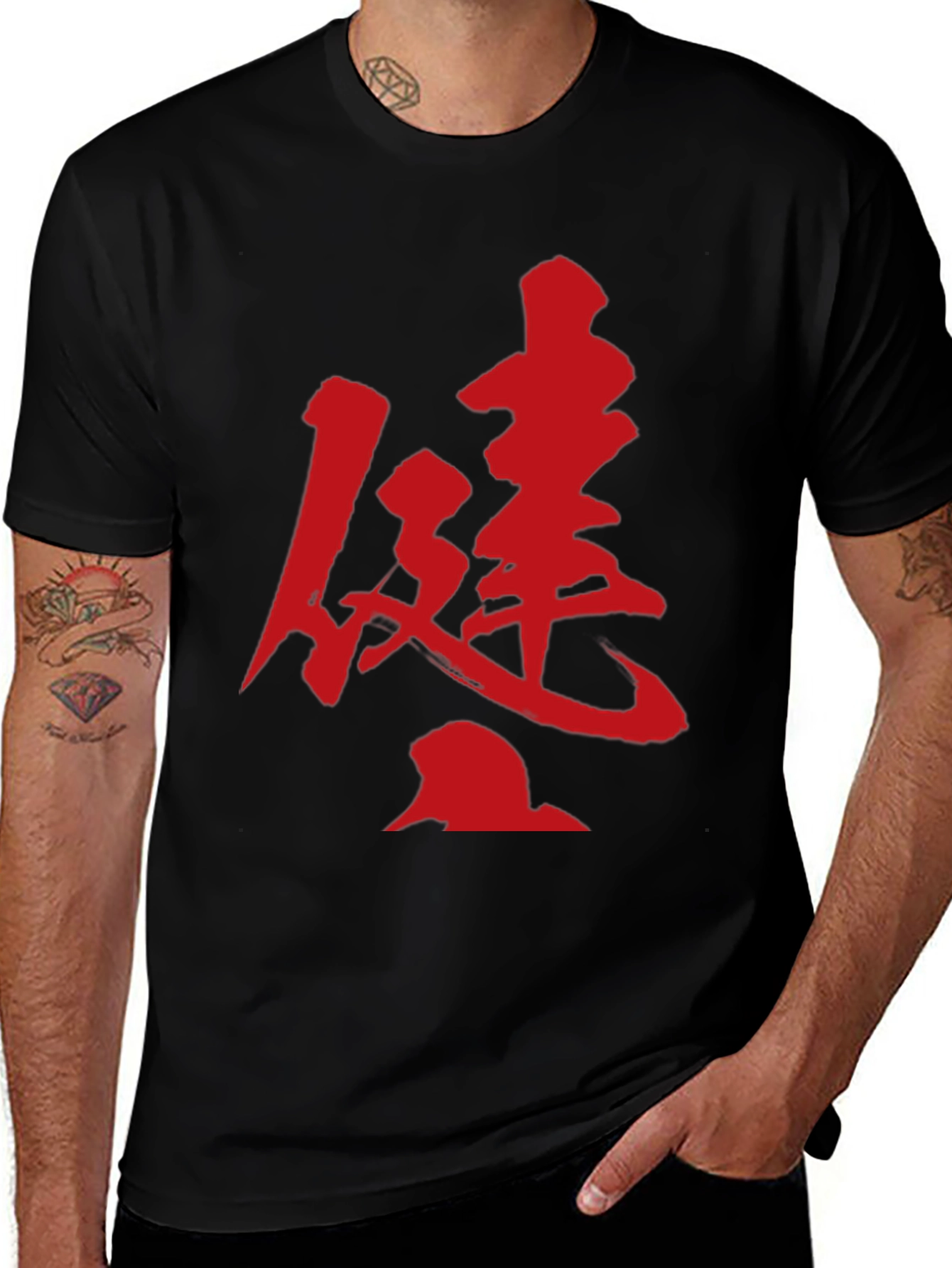 Kanji Print T-Shirt - Bold Red Design on Black