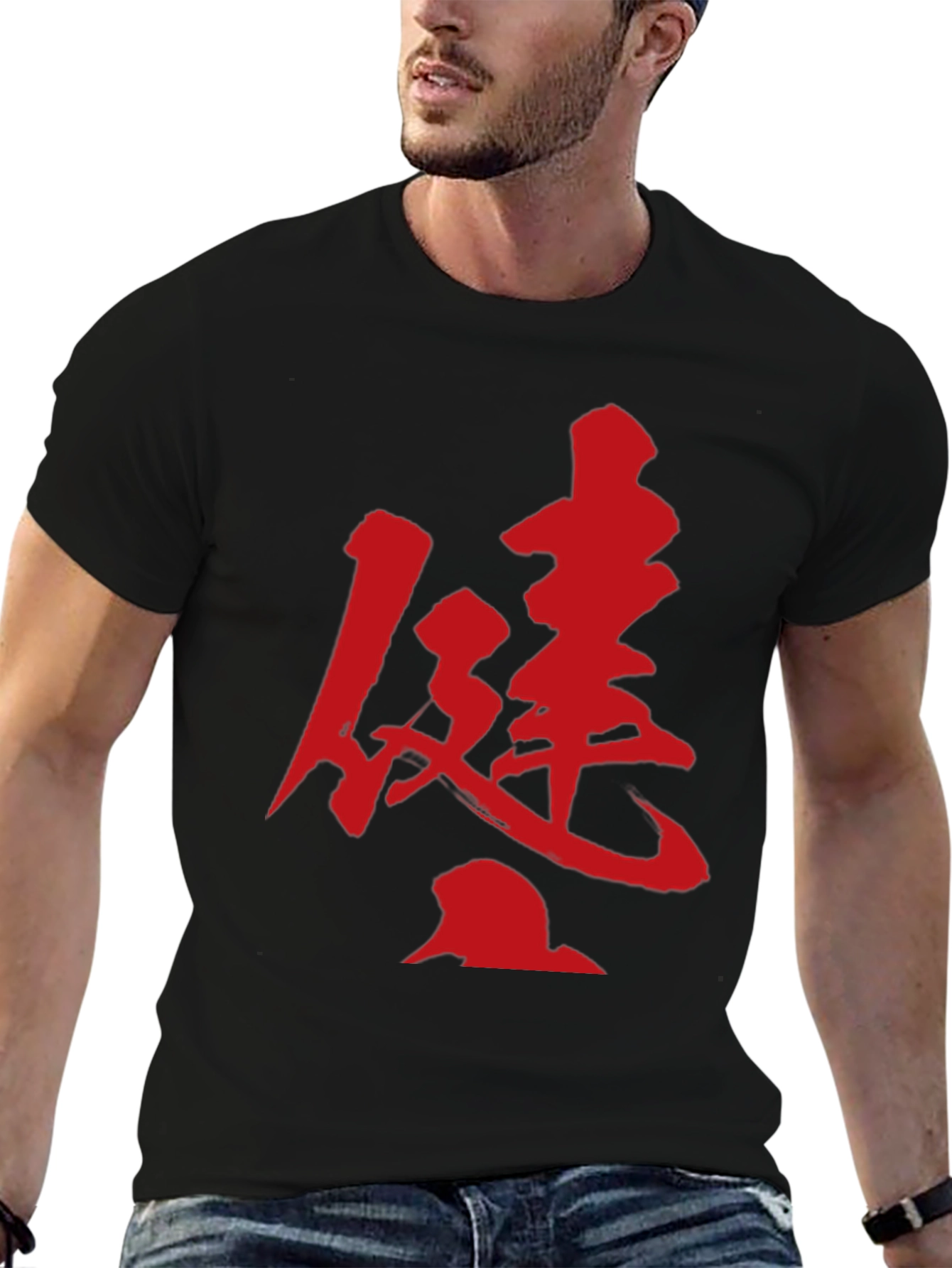 Kanji Print T-Shirt - Bold Red Design on Black
