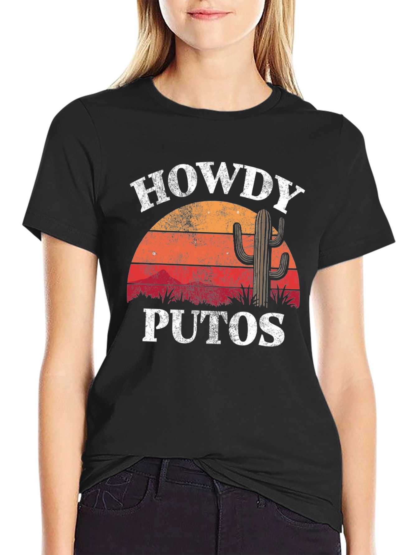 Howdy Puto T-Shirt: Retro Sunset Cactus Graphic Tee