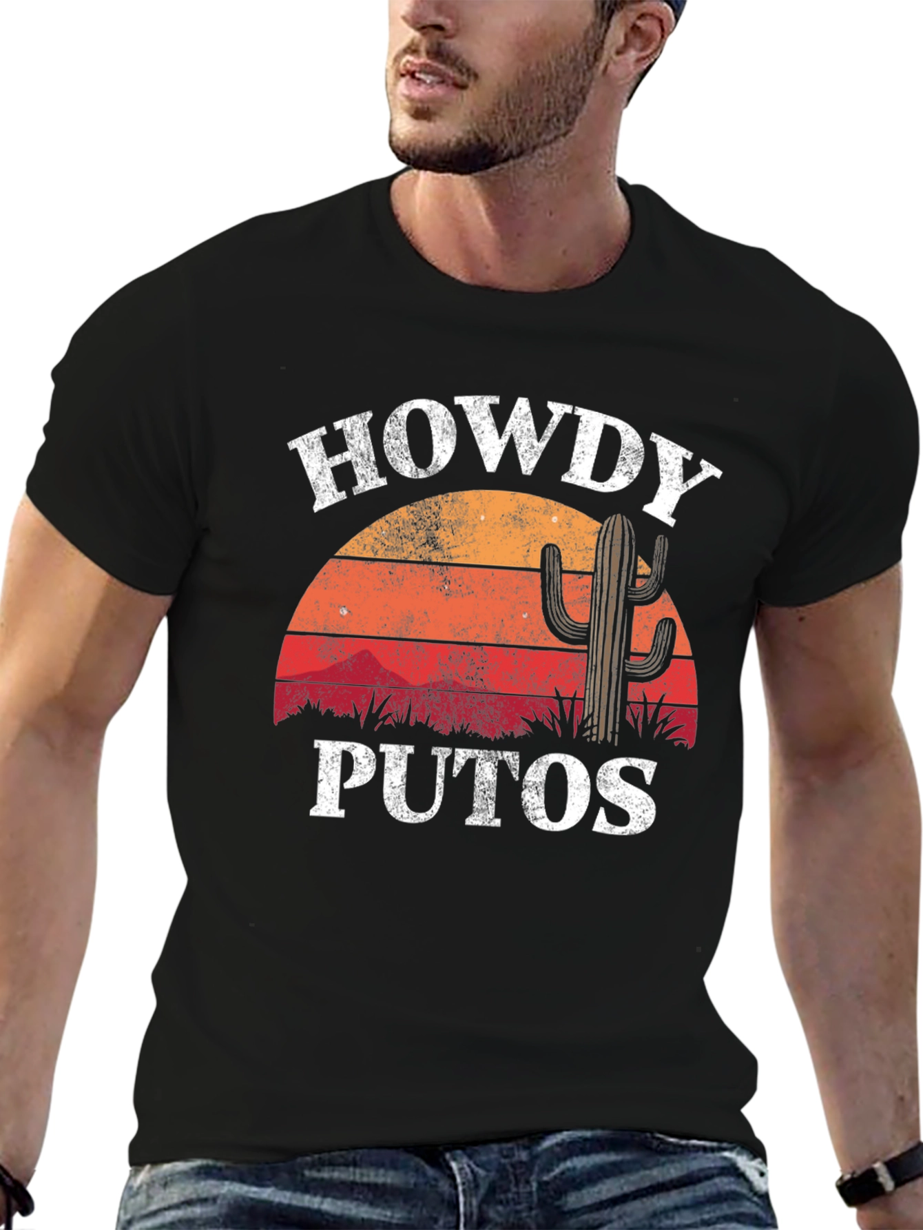 Howdy Puto T-Shirt: Retro Sunset Cactus Graphic Tee