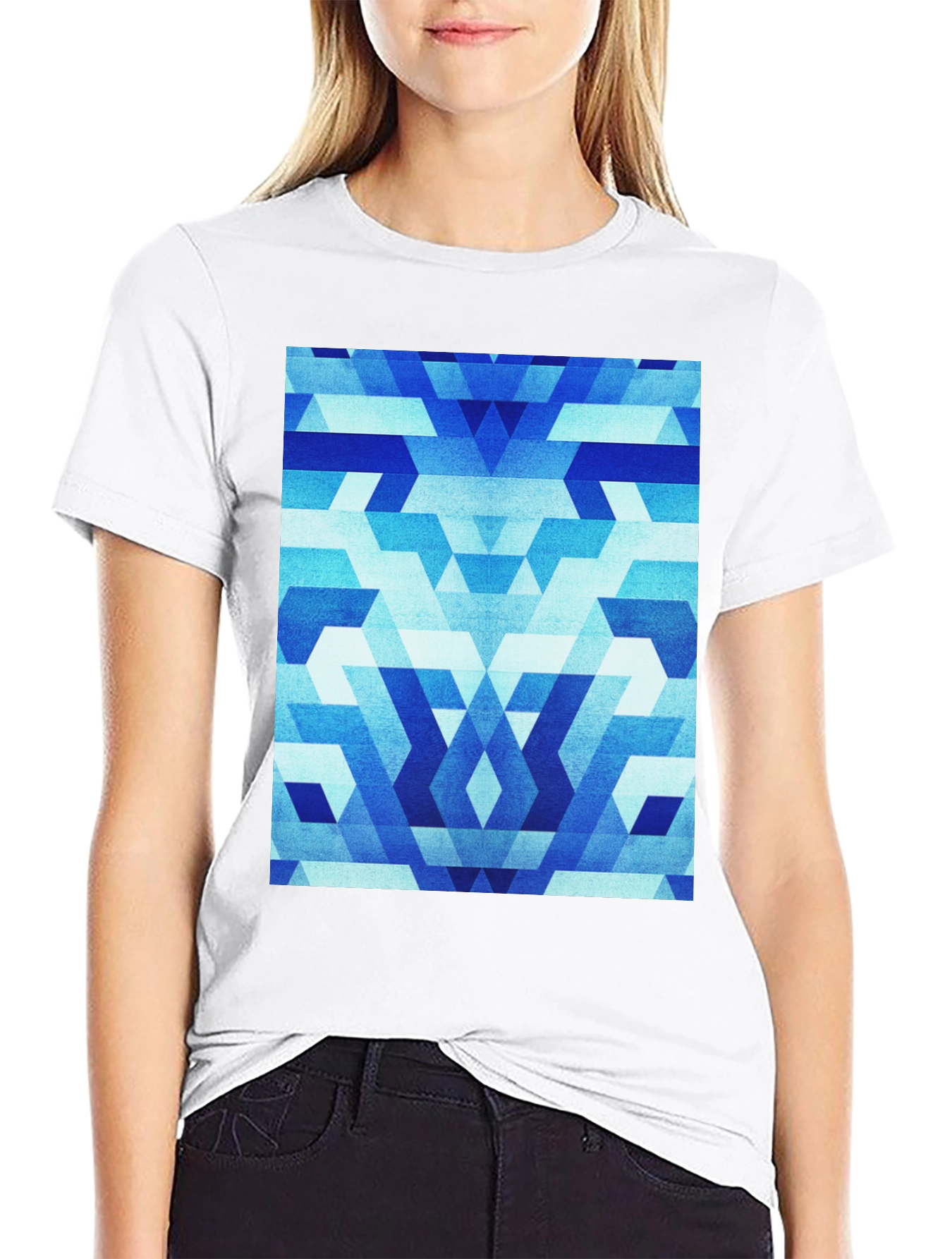 Geometric Blue Pattern Black T-Shirt