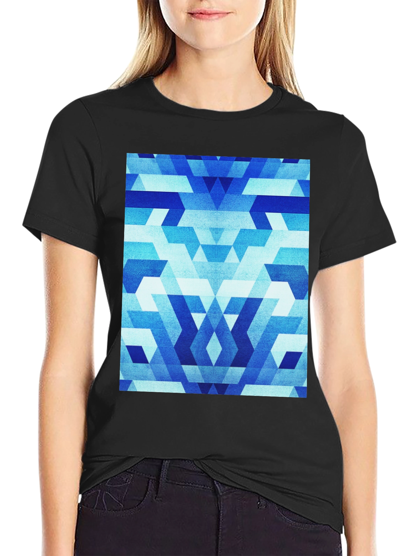Geometric Blue Pattern Black T-Shirt