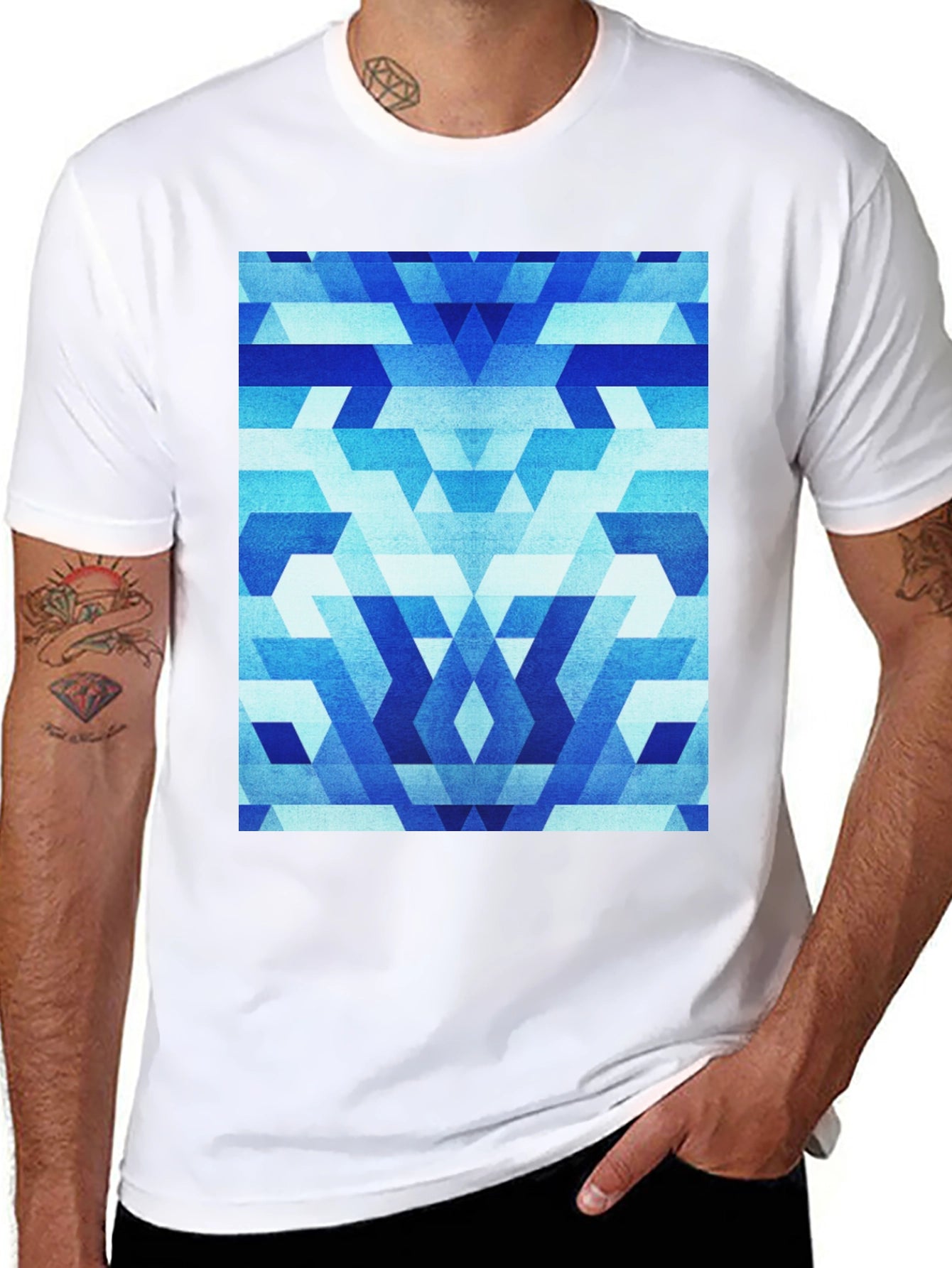 Geometric Blue Pattern Black T-Shirt