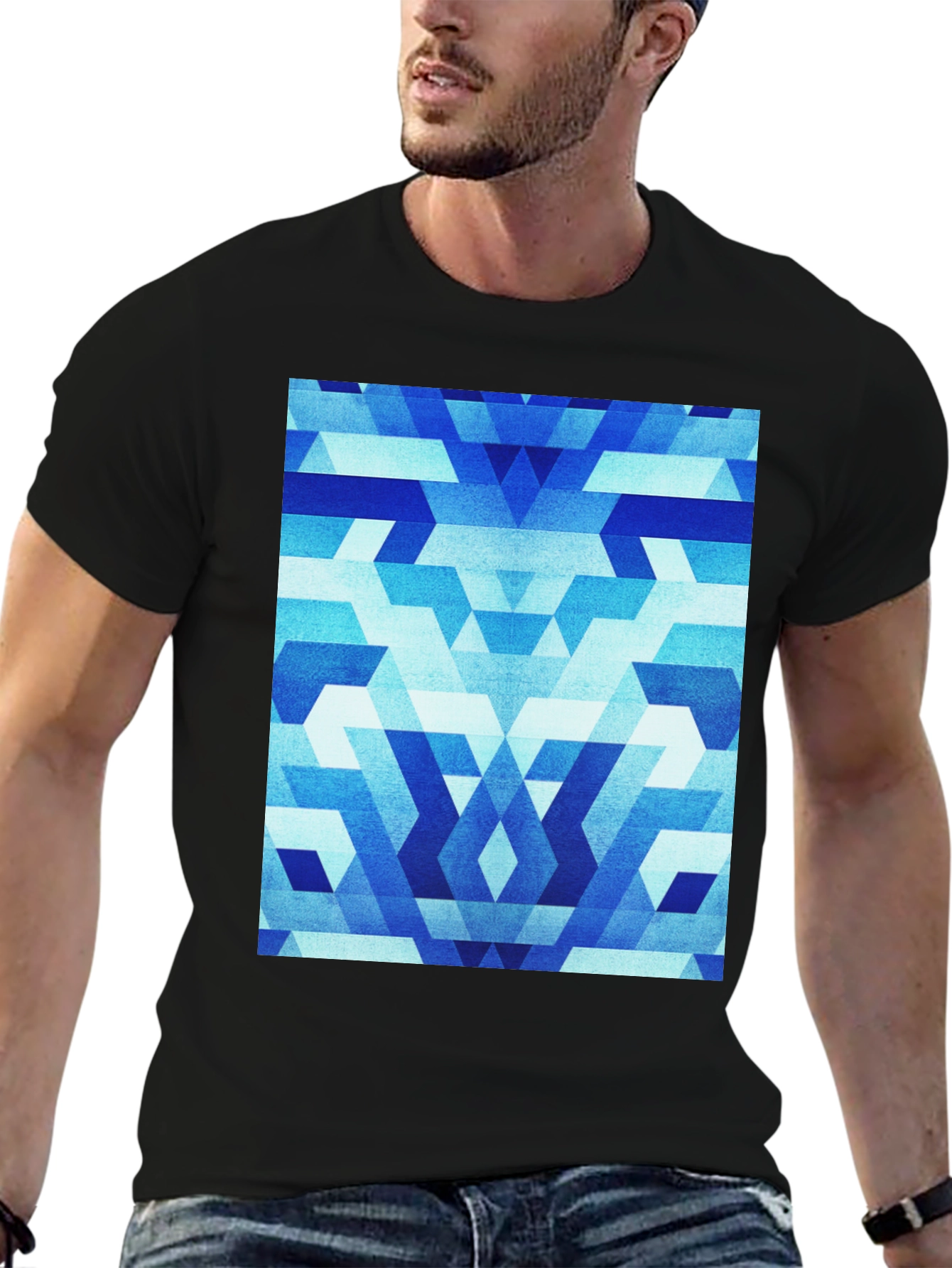 Geometric Blue Pattern Black T-Shirt