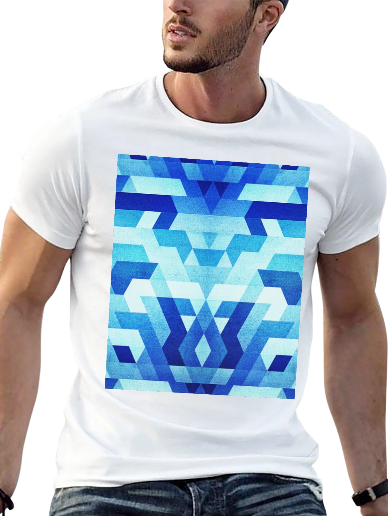 Geometric Blue Pattern Black T-Shirt