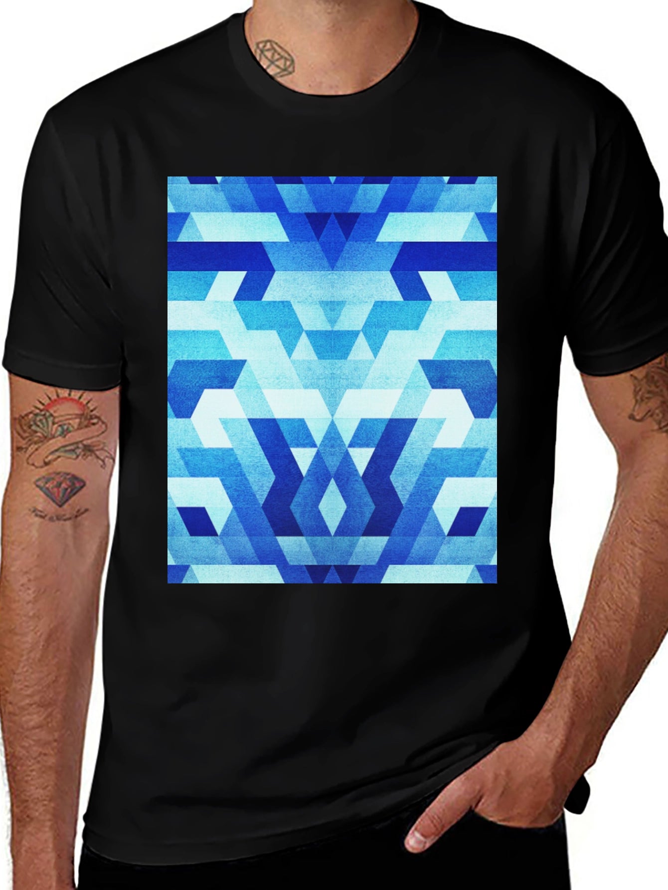 Geometric Blue Pattern Black T-Shirt