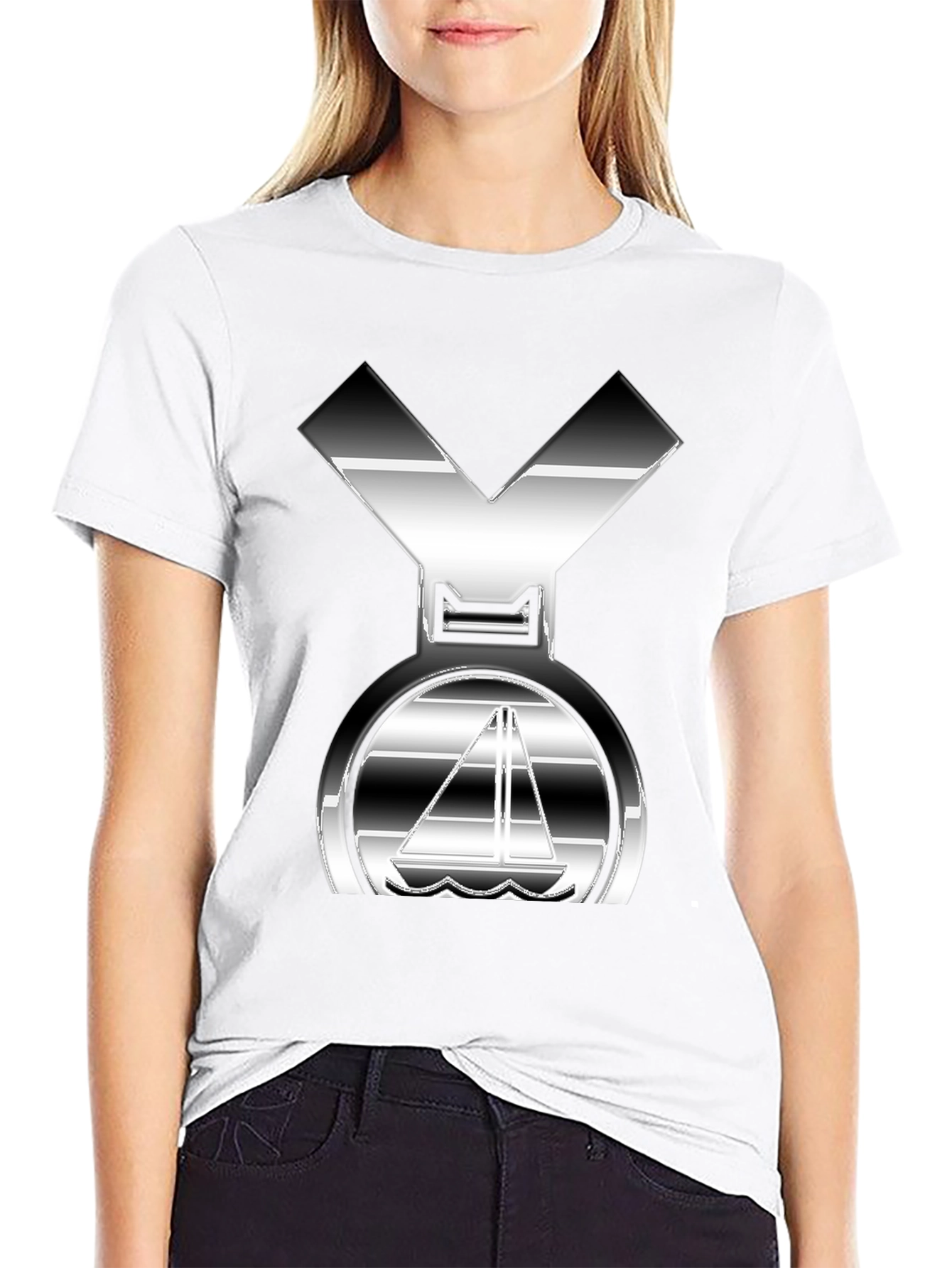 Sleek Silver Boat Graphic Black T-Shirt