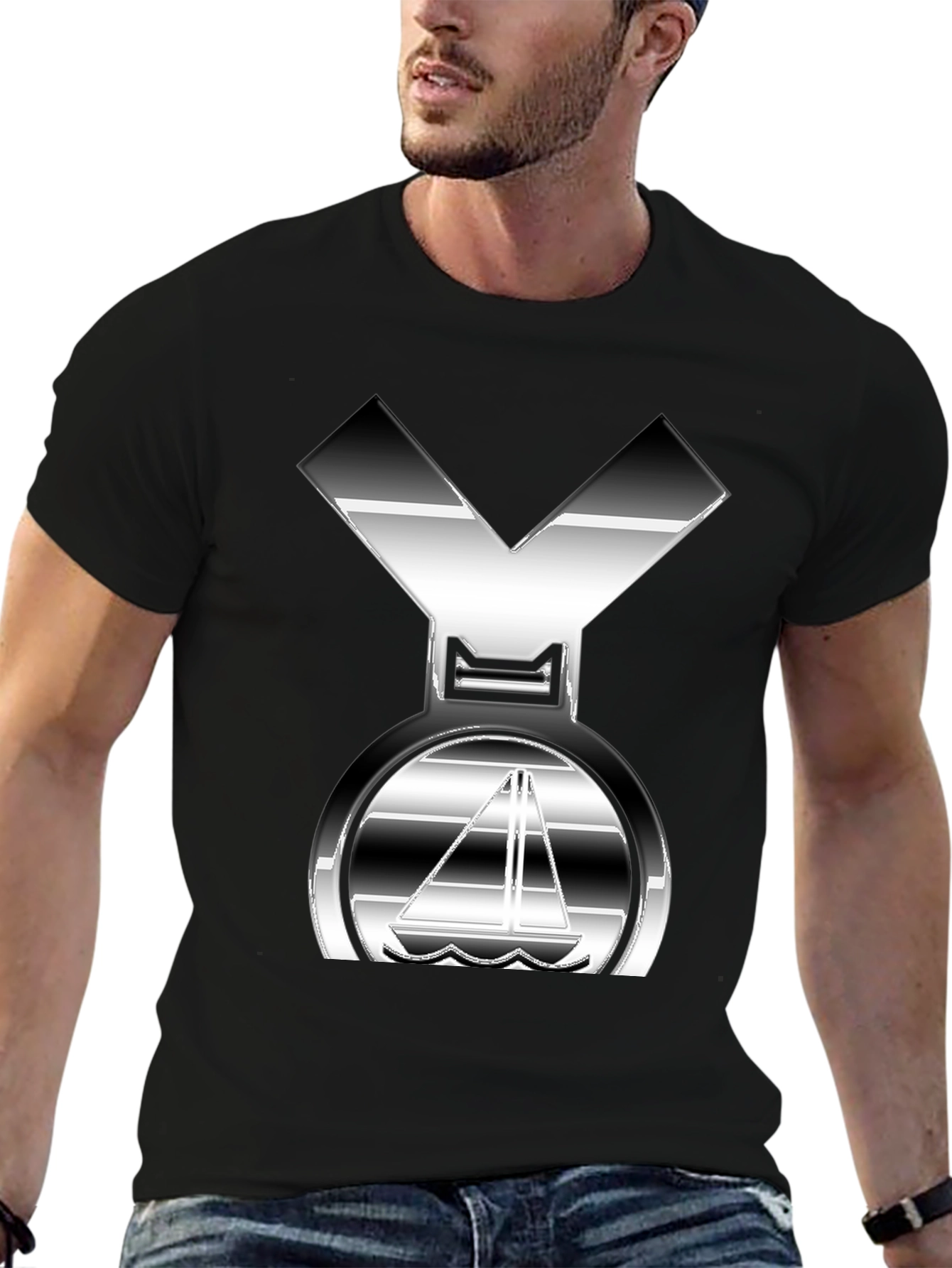 Sleek Silver Boat Graphic Black T-Shirt