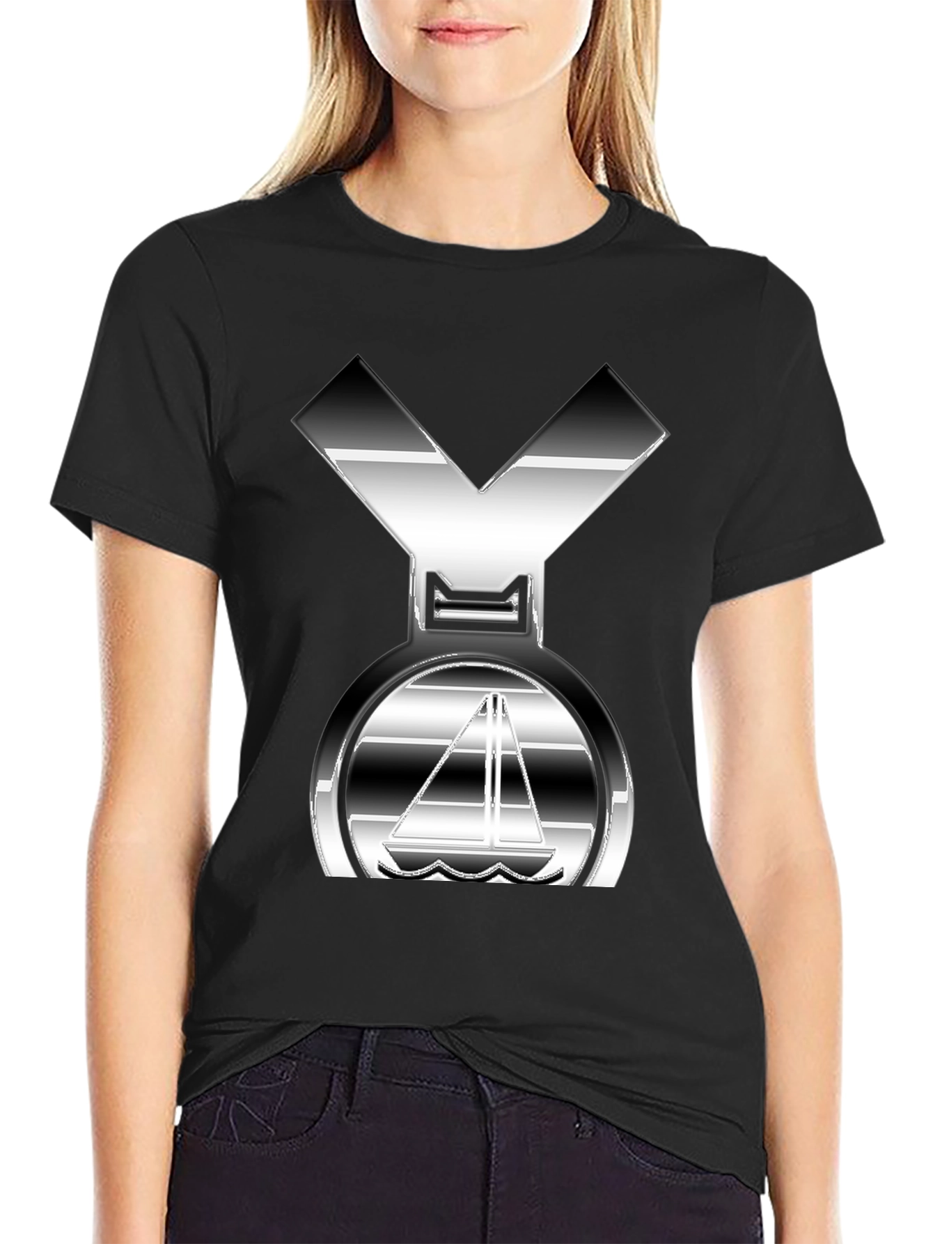 Sleek Silver Boat Graphic Black T-Shirt