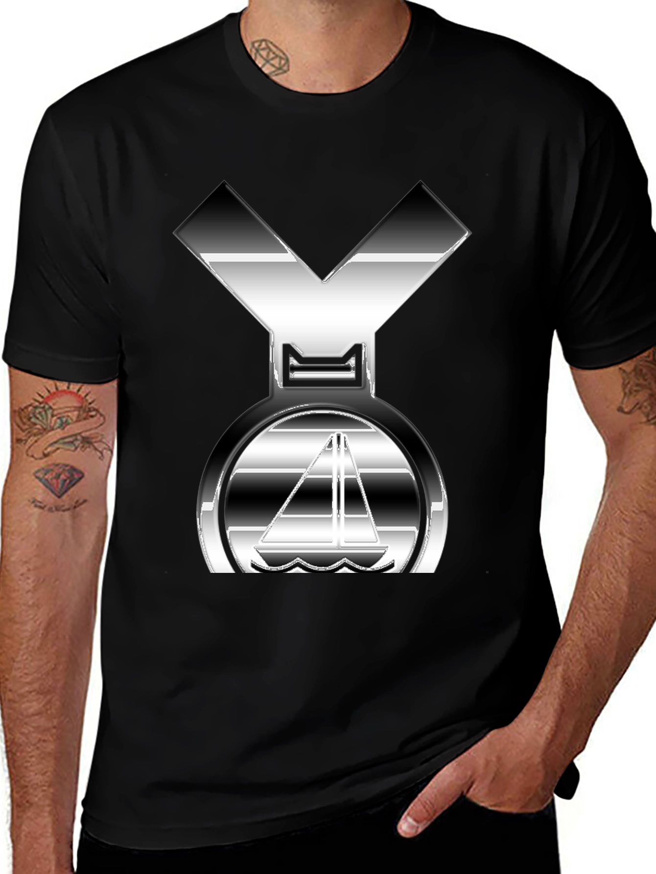 Sleek Silver Boat Graphic Black T-Shirt