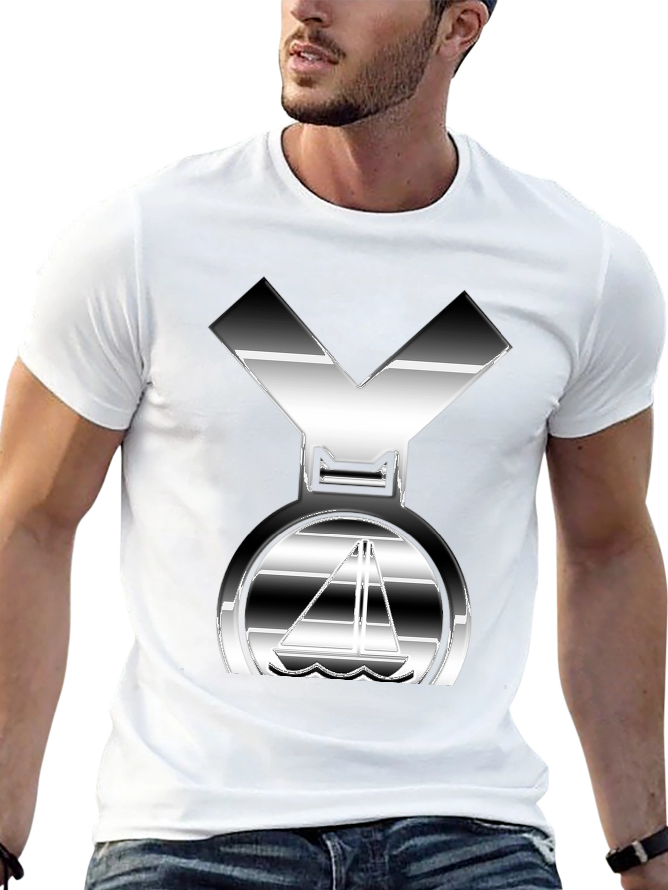 Sleek Silver Boat Graphic Black T-Shirt