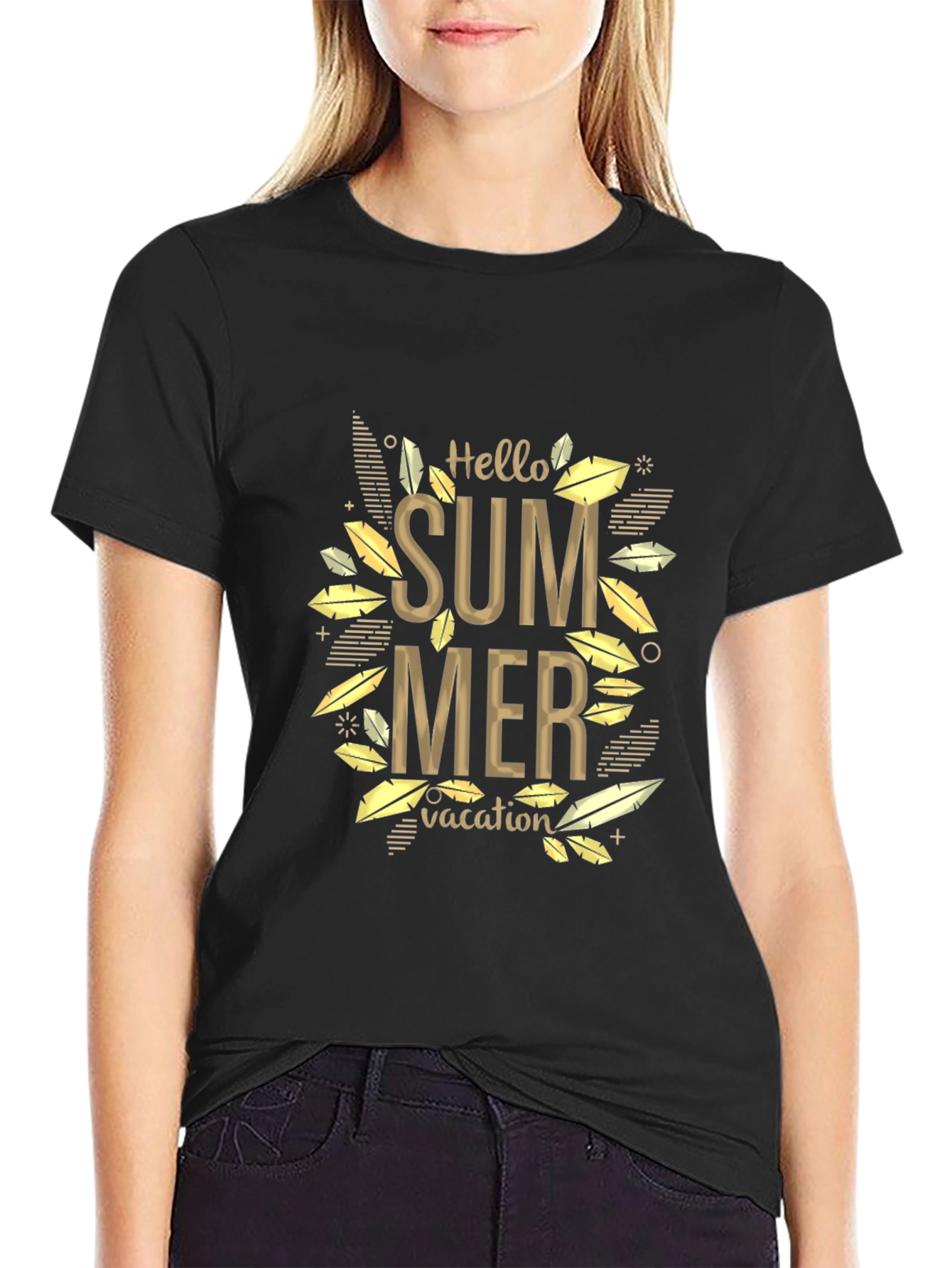 Hello Summer Vacation Black Graphic T-Shirt