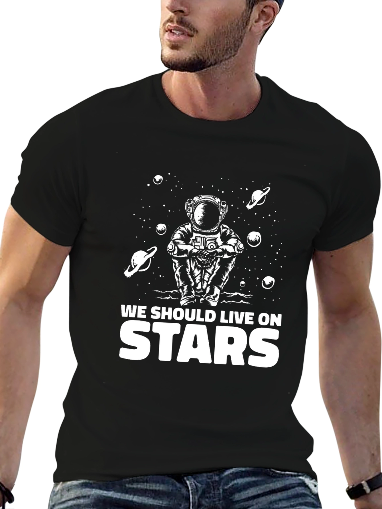 Astronaut Stars Graphic T-Shirt - Black Crew Neck