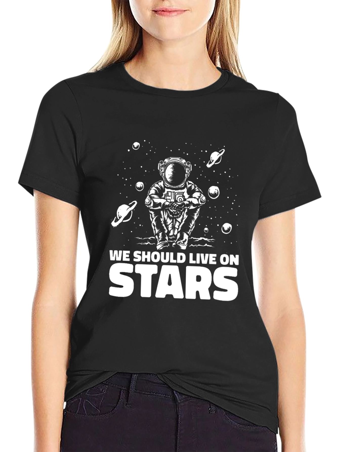 Astronaut Stars Graphic T-Shirt - Black Crew Neck