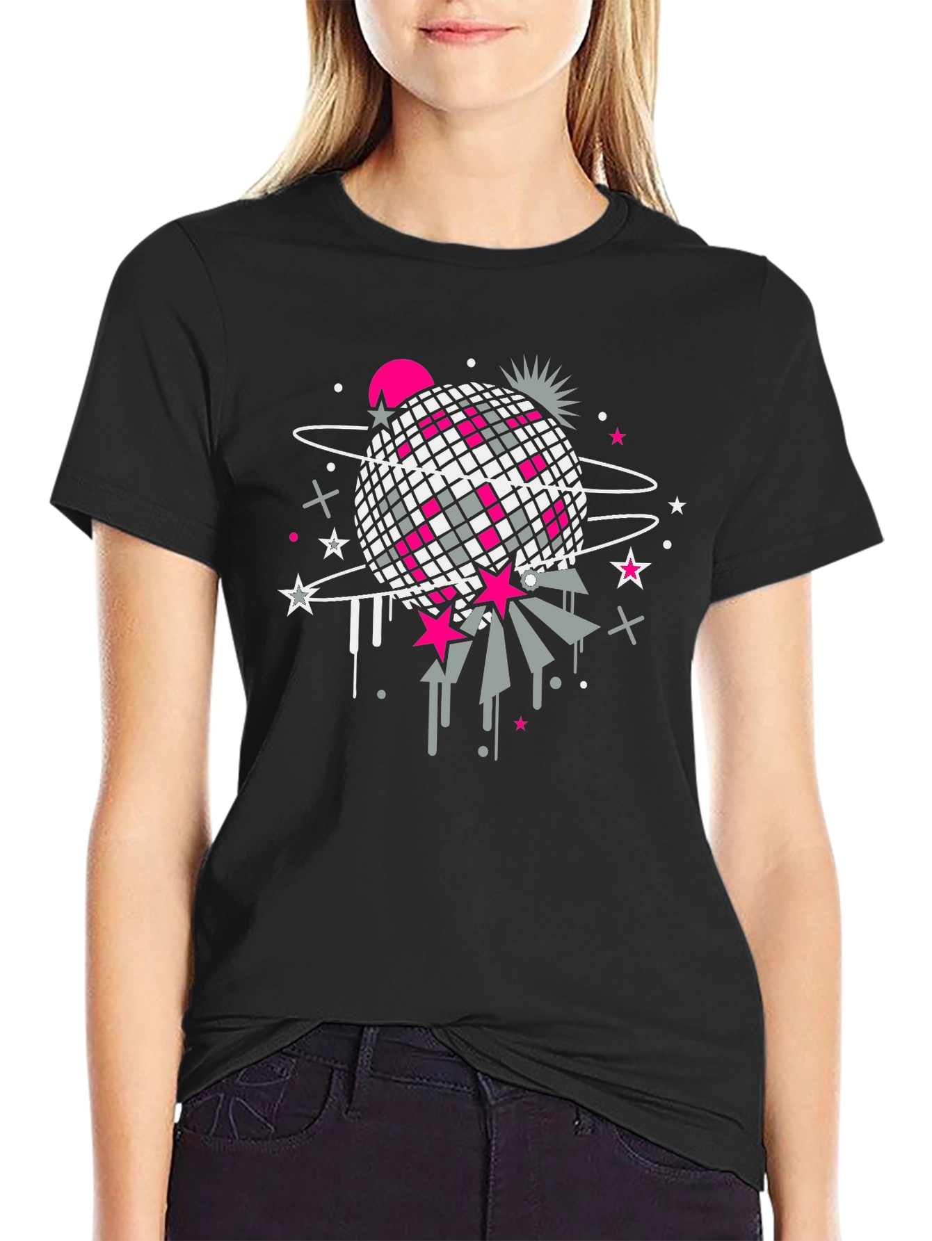 Retro Disco Ball Graphic T-Shirt - Black