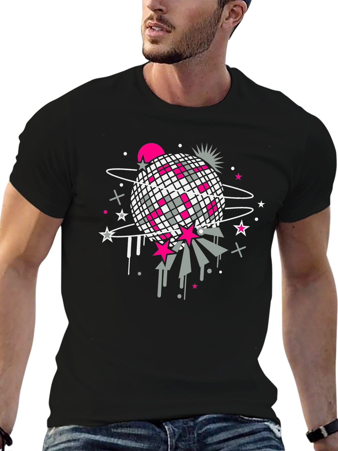 Retro Disco Ball Graphic T-Shirt - Black
