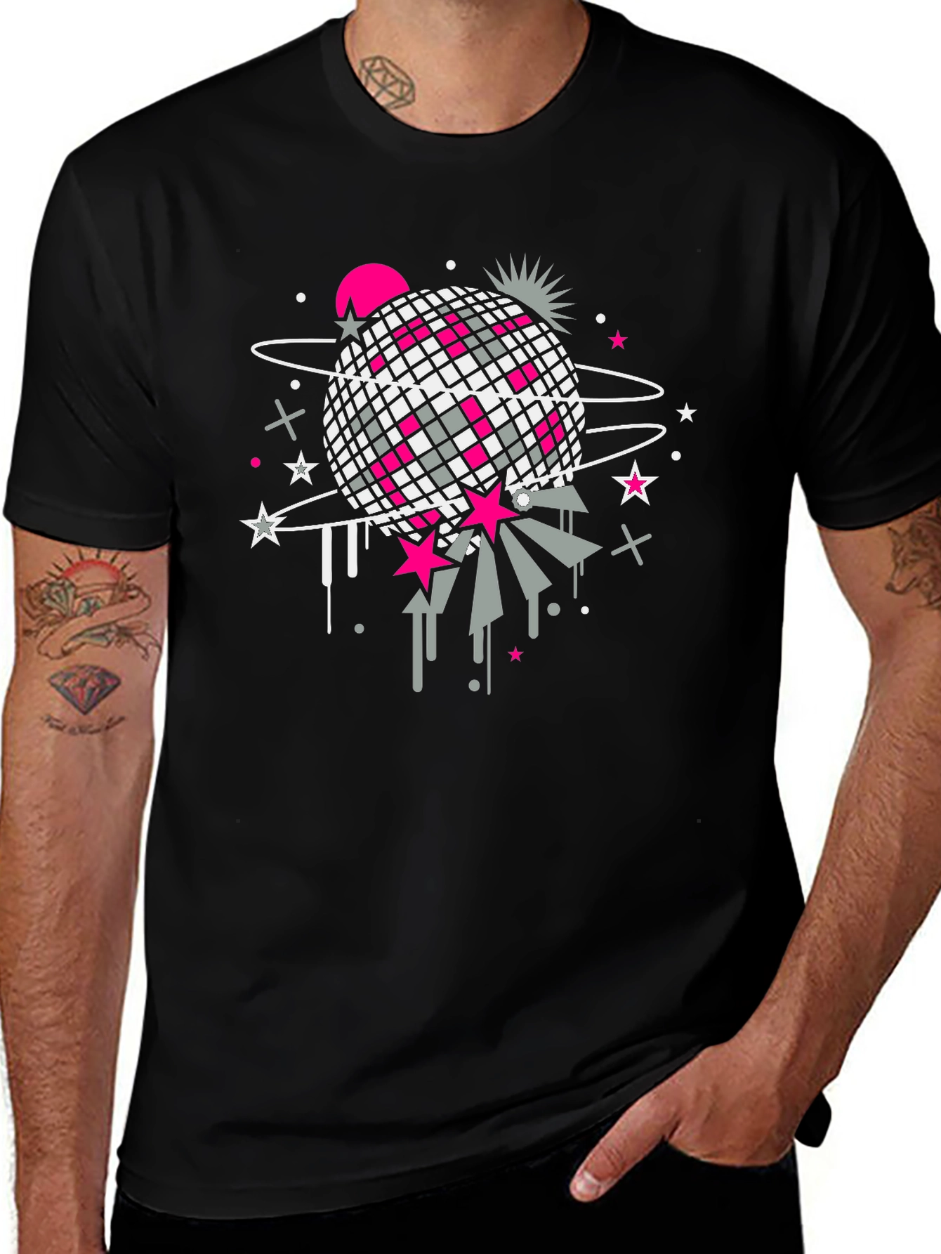 Retro Disco Ball Graphic T-Shirt - Black