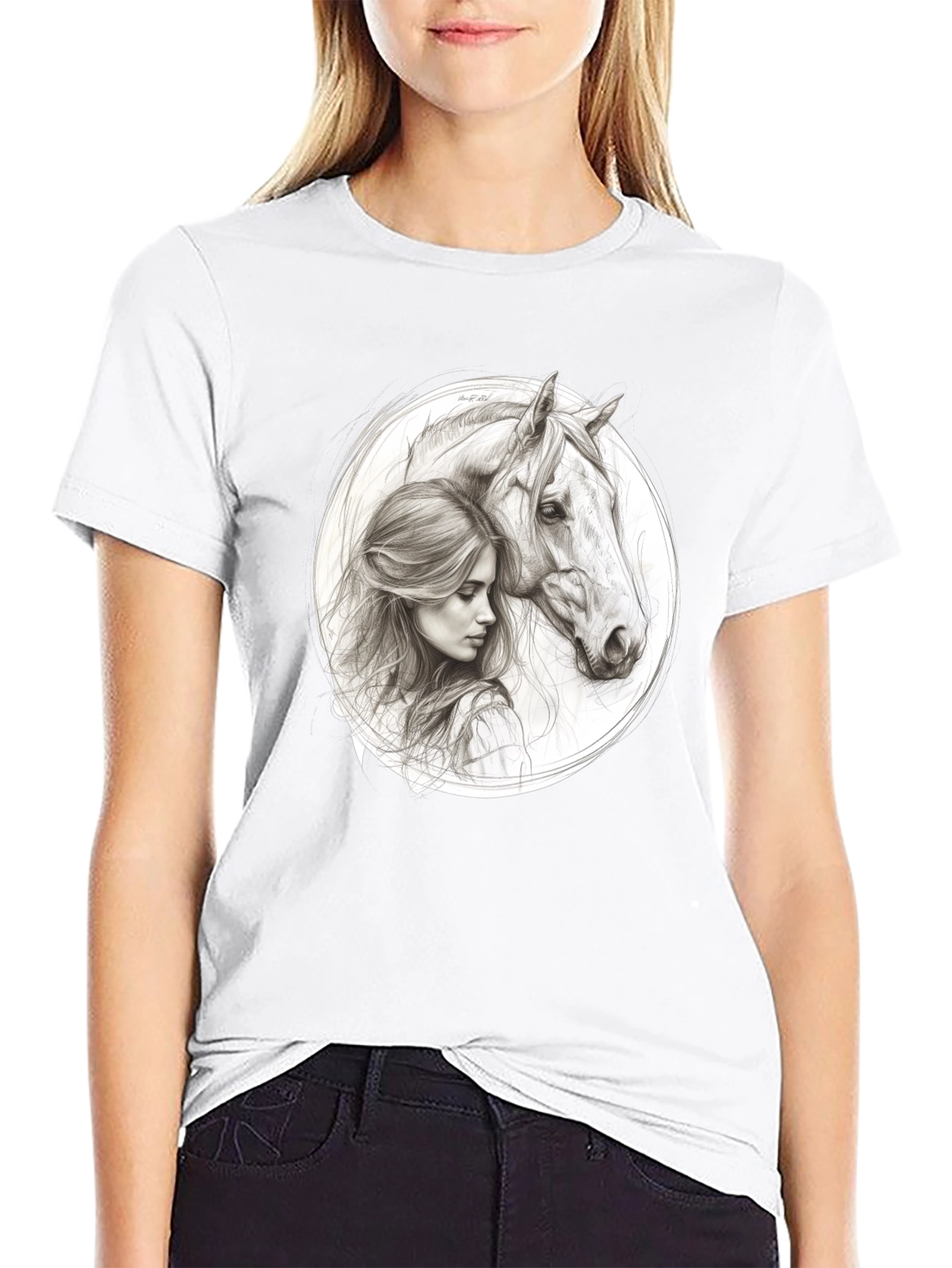 Woman and Horse Graphic Tee - Black