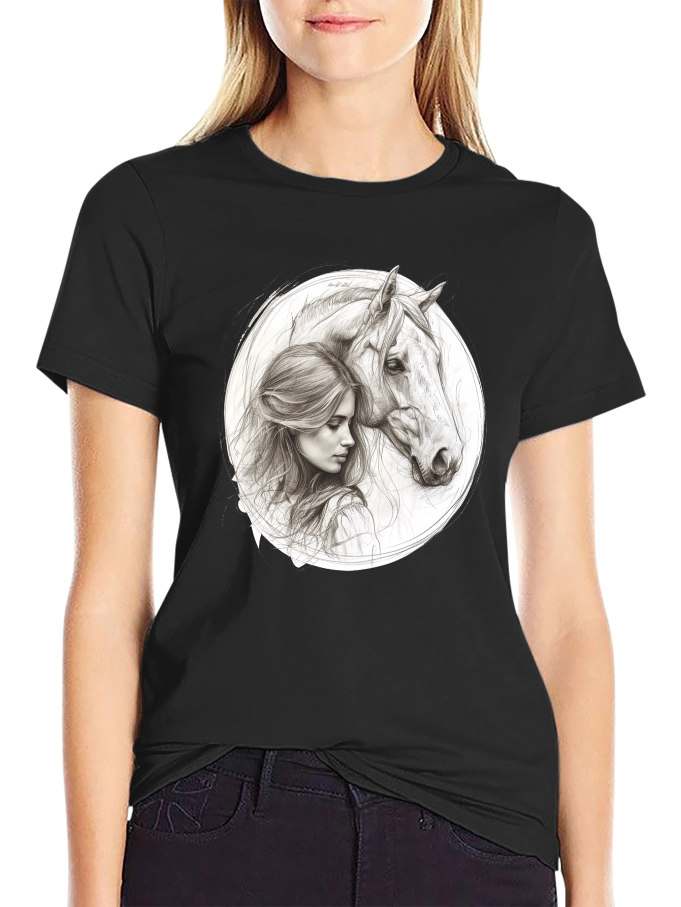 Woman and Horse Graphic Tee - Black