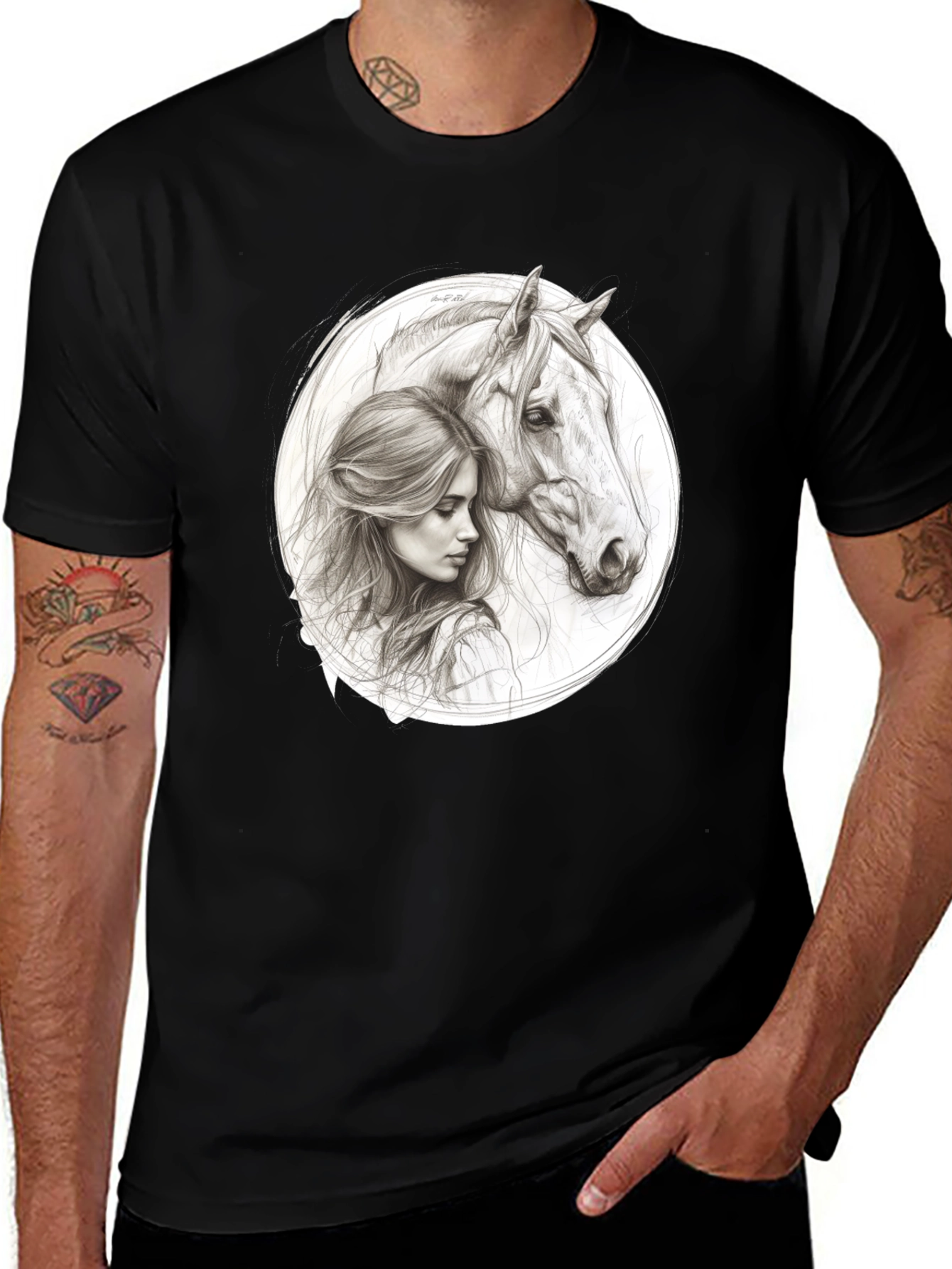 Woman and Horse Graphic Tee - Black