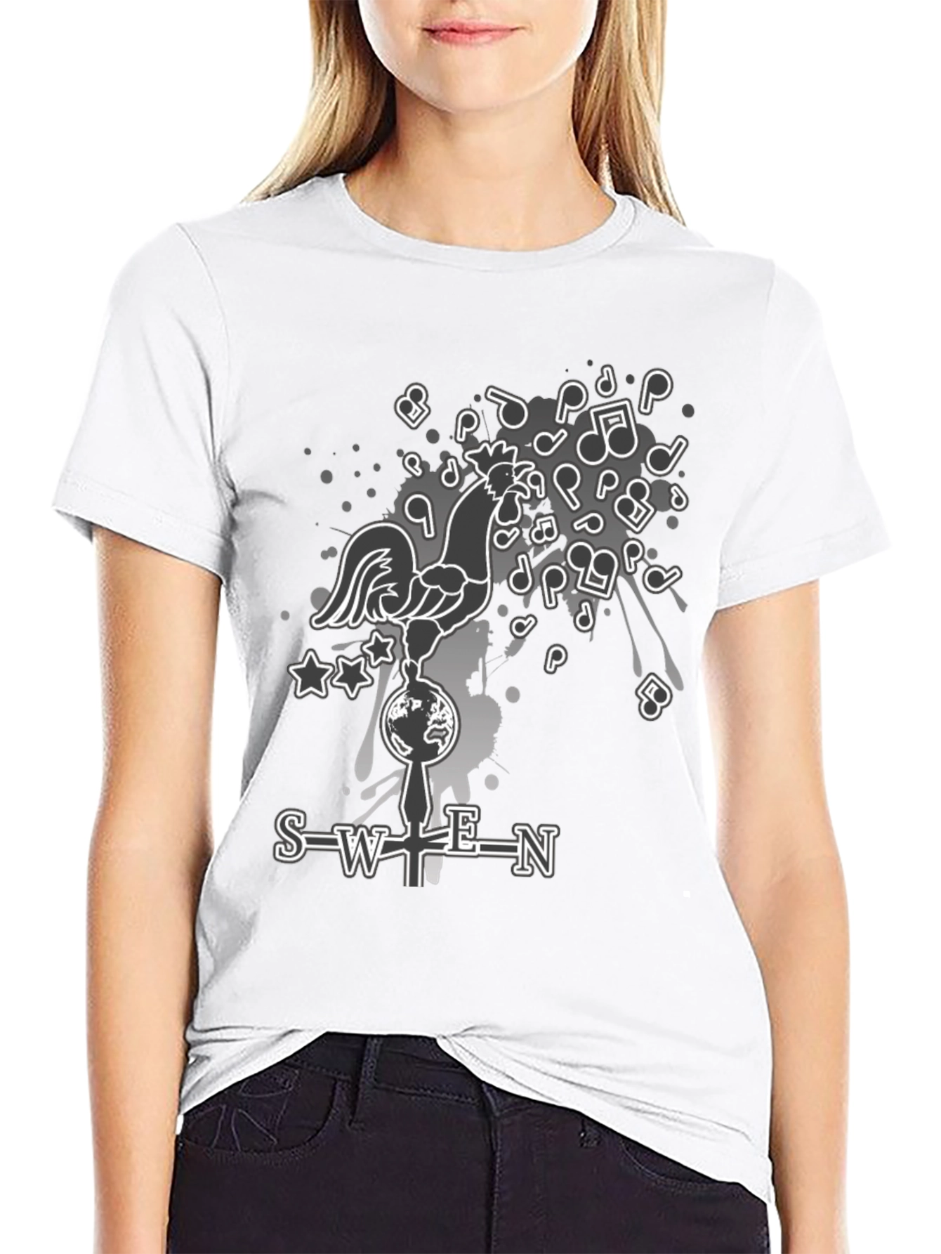 SWEN Graphic Print T-Shirt - Rooster Music Notes Design