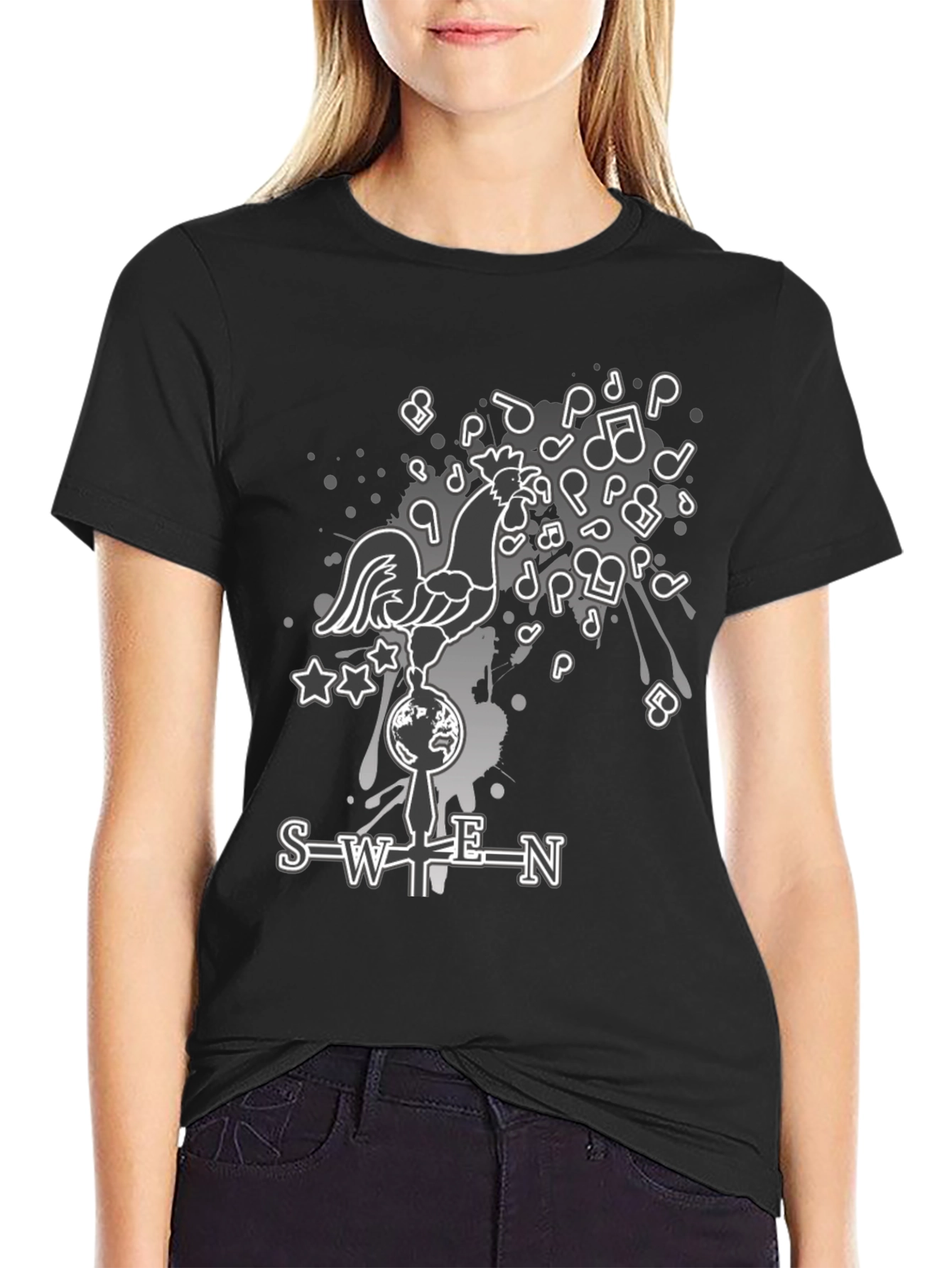 SWEN Graphic Print T-Shirt - Rooster Music Notes Design