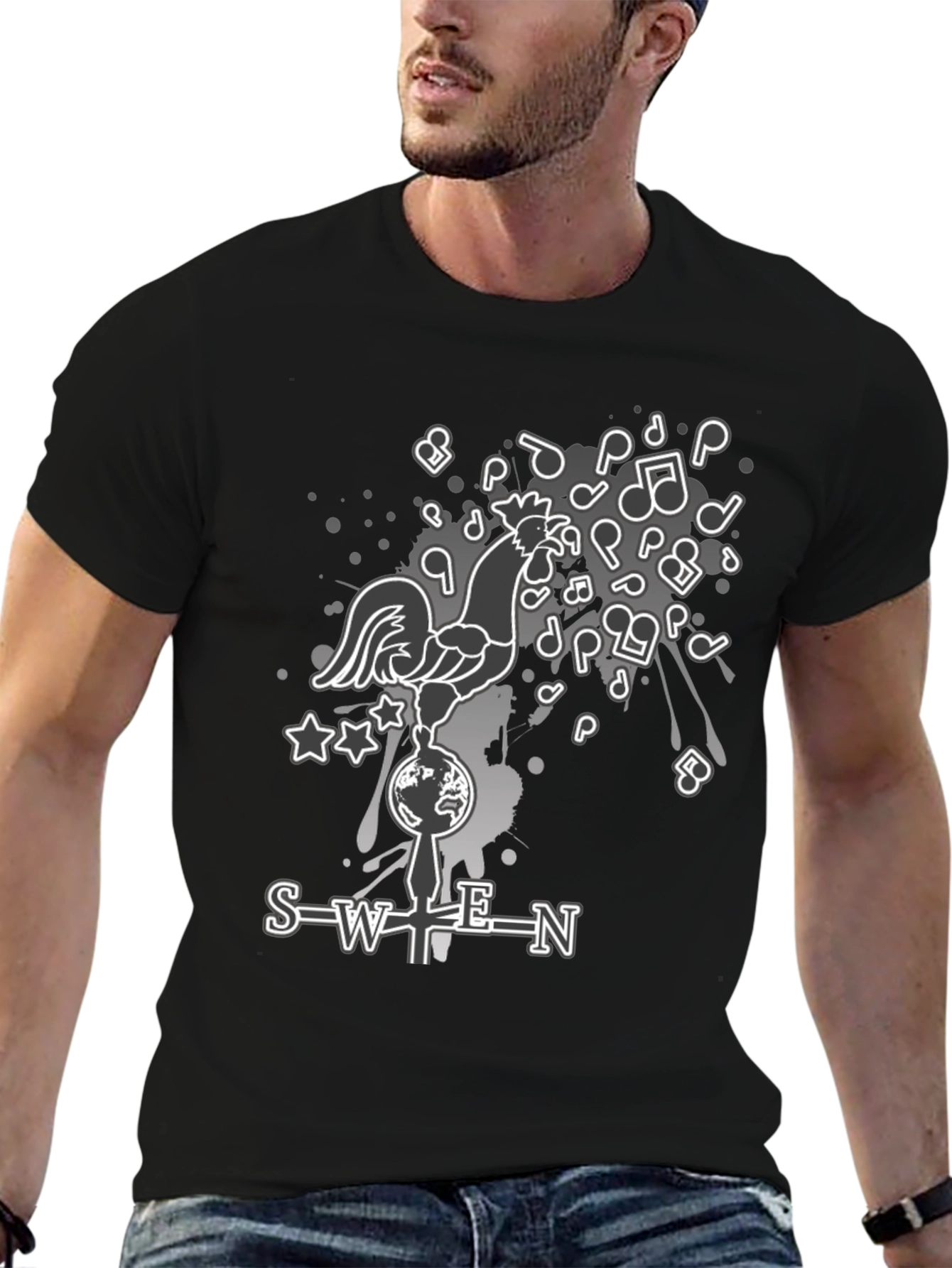 SWEN Graphic Print T-Shirt - Rooster Music Notes Design