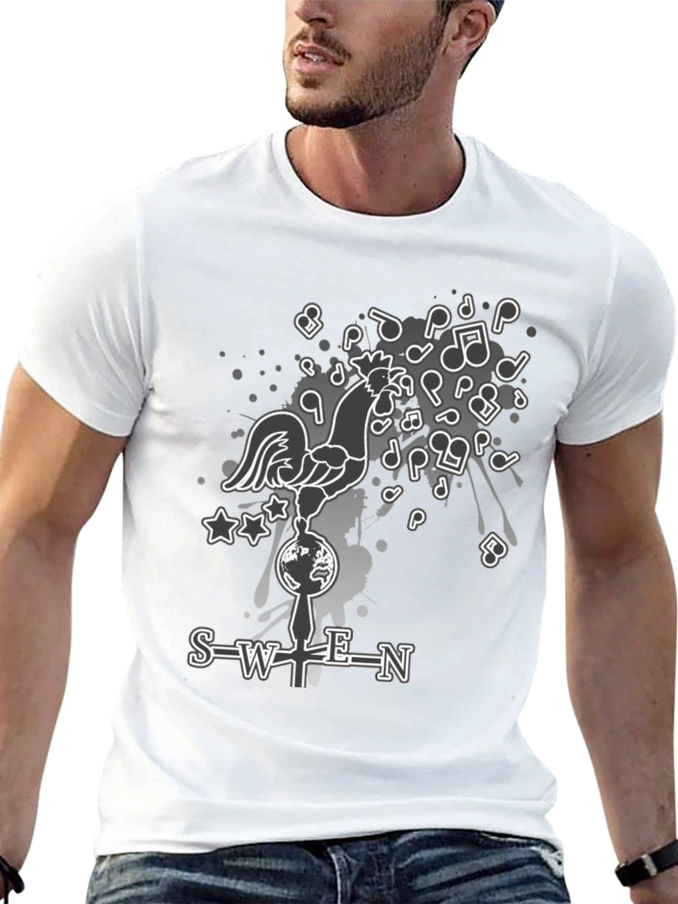 SWEN Graphic Print T-Shirt - Rooster Music Notes Design