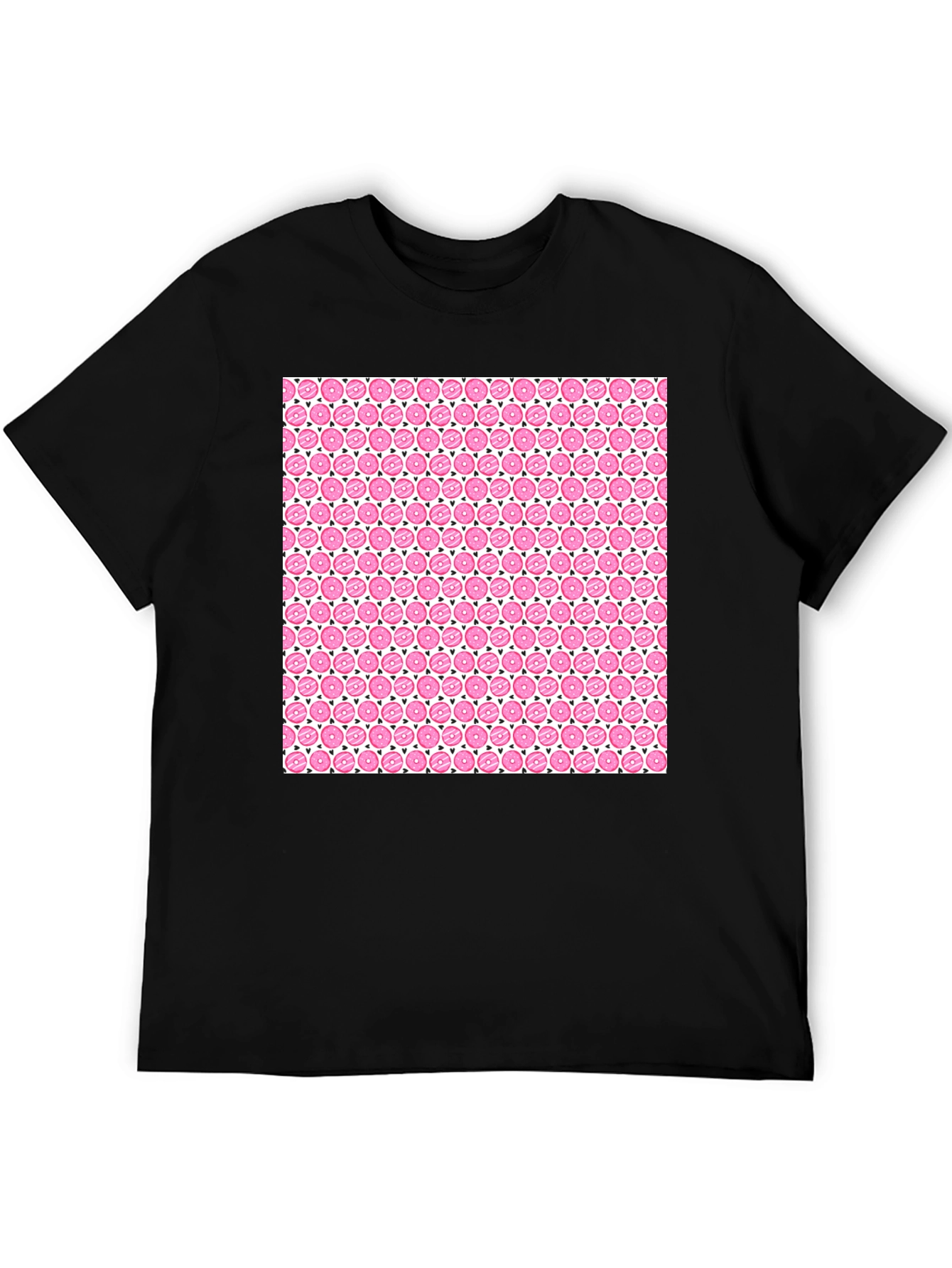 Pink Donut Pattern Black T-Shirt