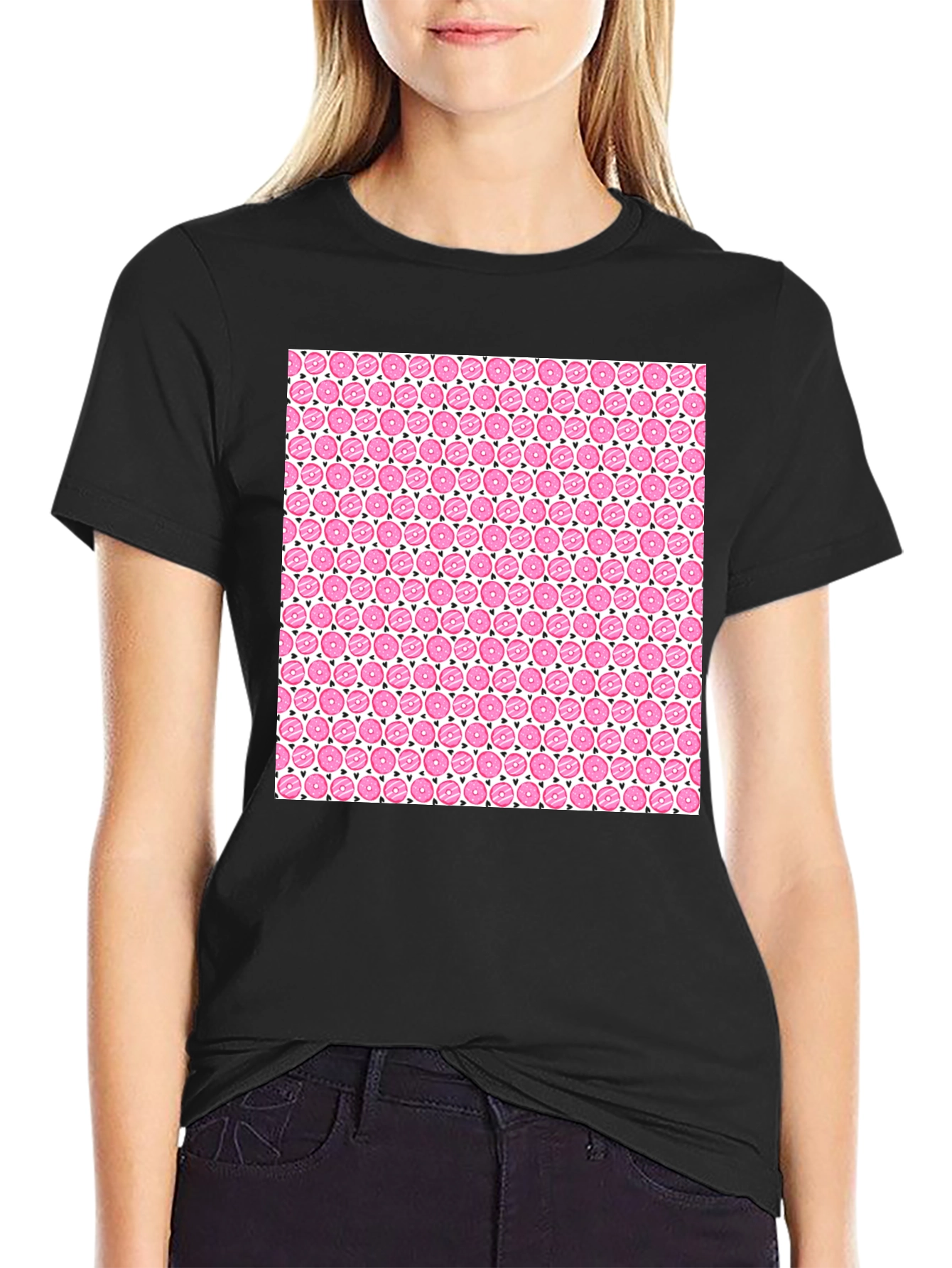 Pink Donut Pattern Black T-Shirt