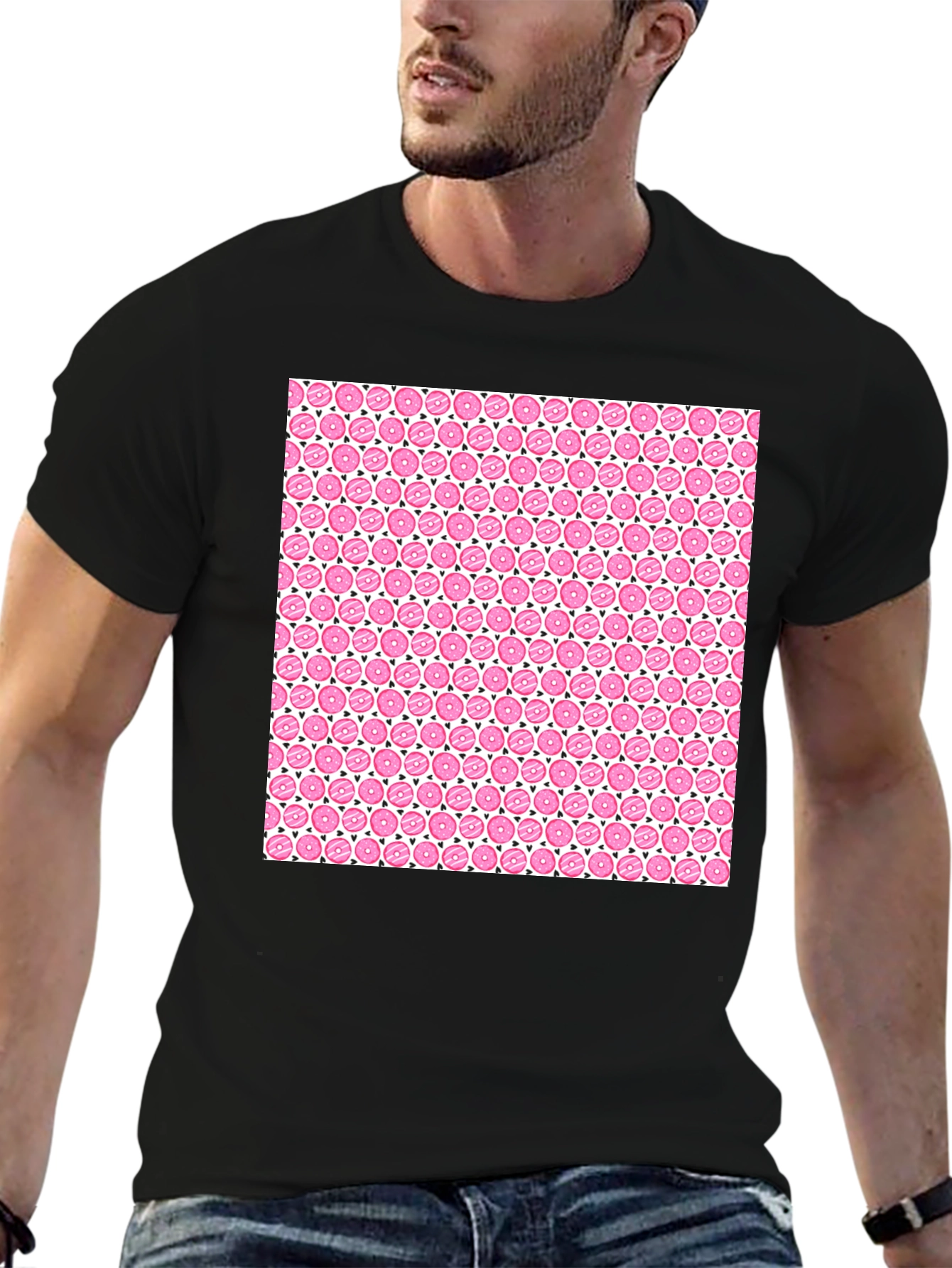 Pink Donut Pattern Black T-Shirt