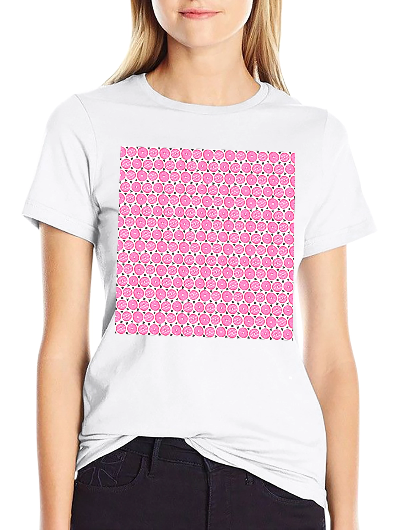 Pink Donut Pattern Black T-Shirt