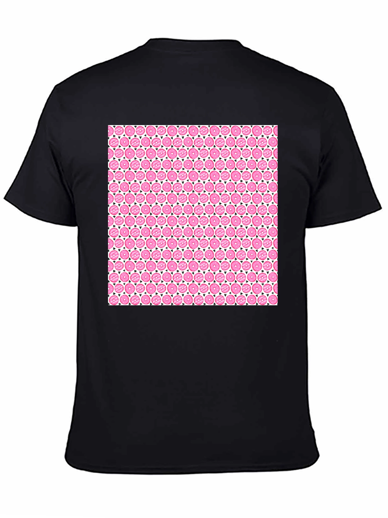 Pink Donut Pattern Black T-Shirt